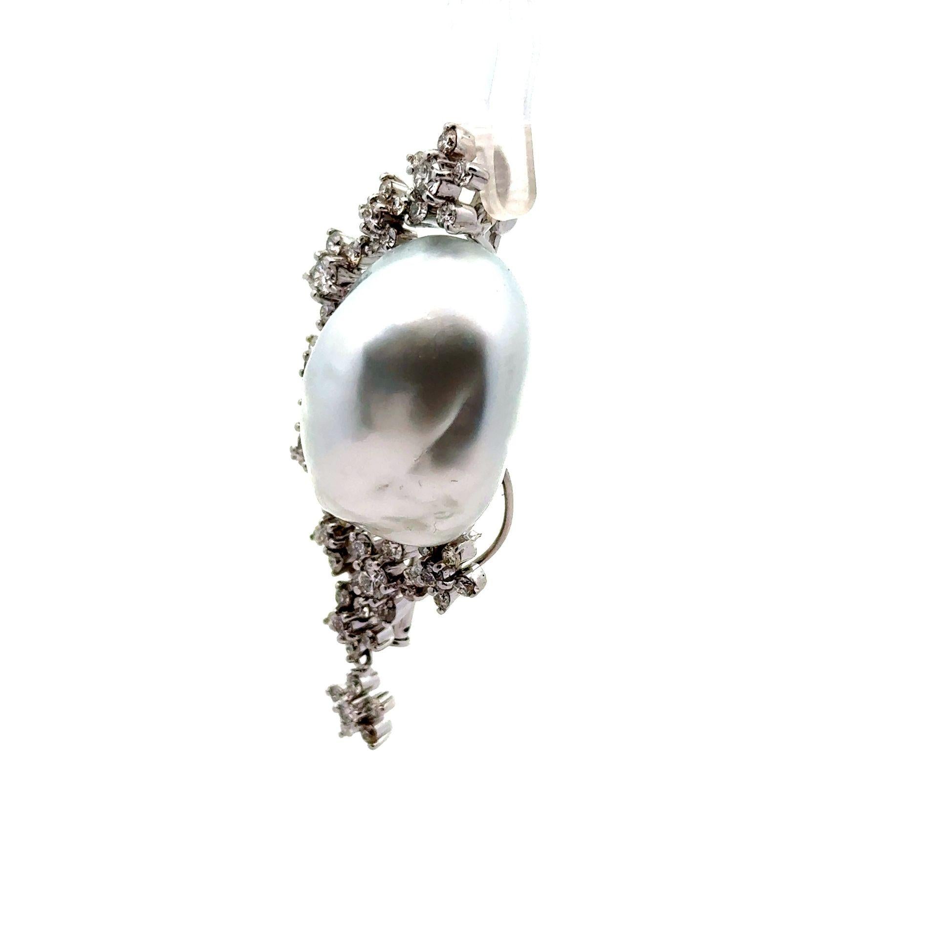 South Sea Baroque Pearl Diamond 18k & 14k White Gold Brooch-Pendant