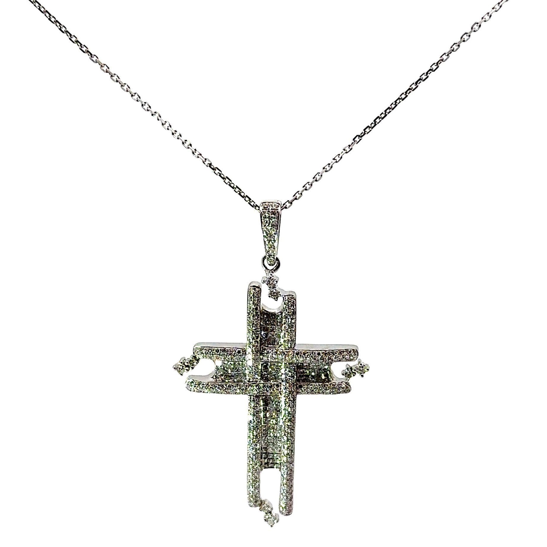 Invisible-Set Diamond 14k White Gold Cross Pendant Necklace