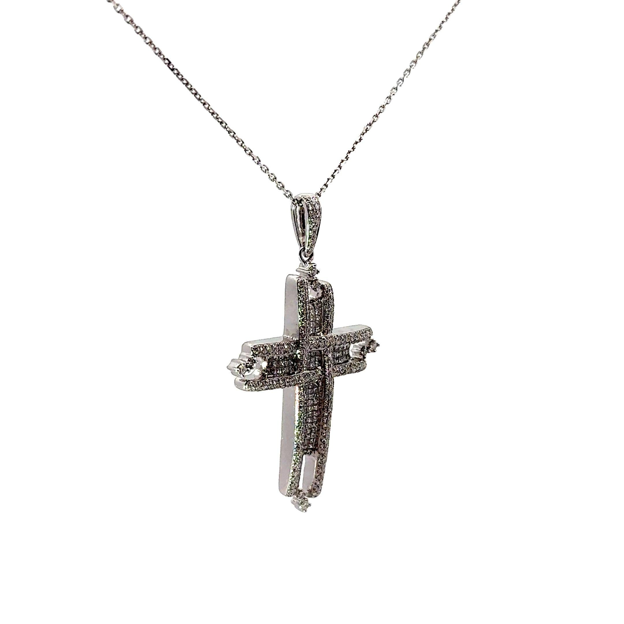 Invisible-Set Diamond 14k White Gold Cross Pendant Necklace