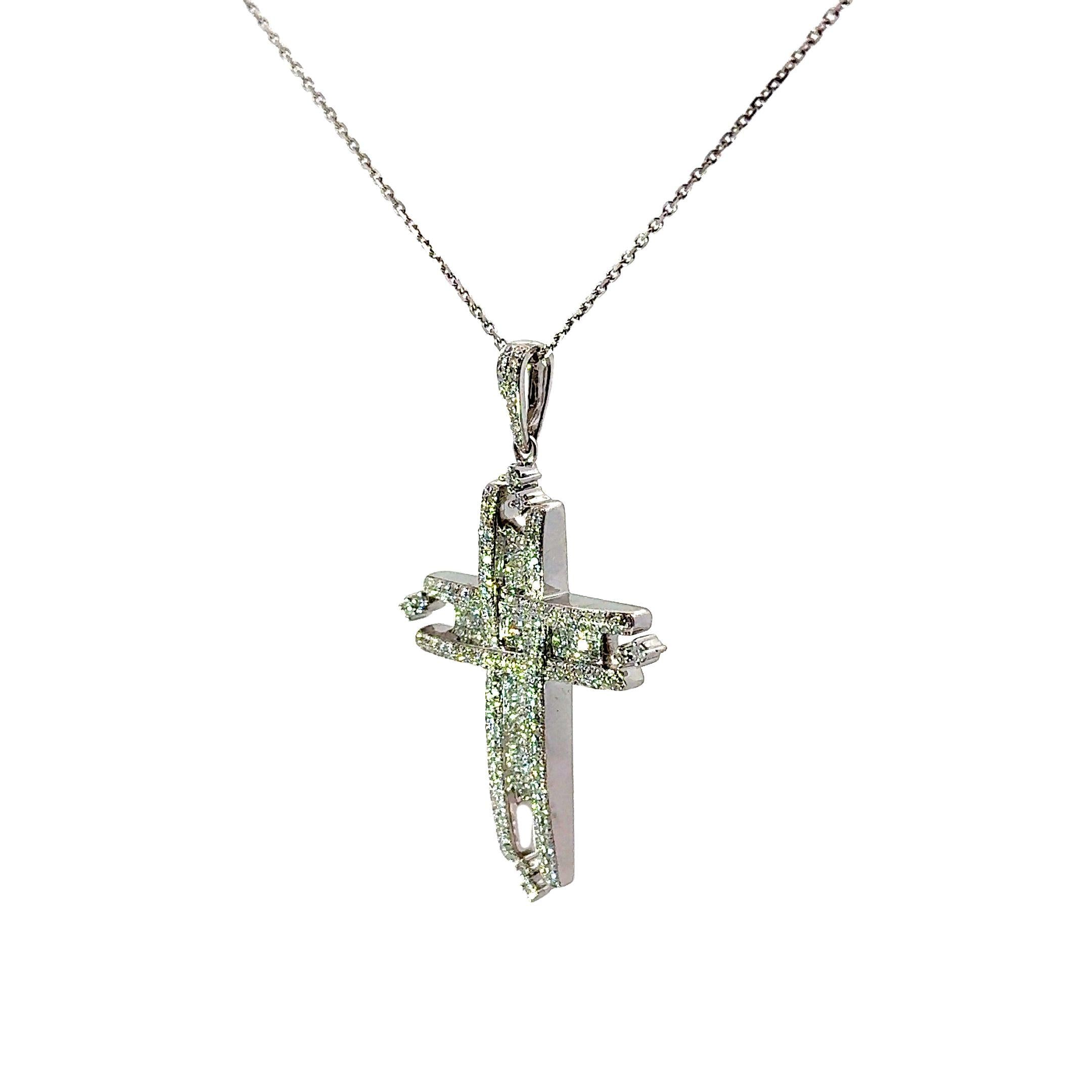 Invisible-Set Diamond 14k White Gold Cross Pendant Necklace