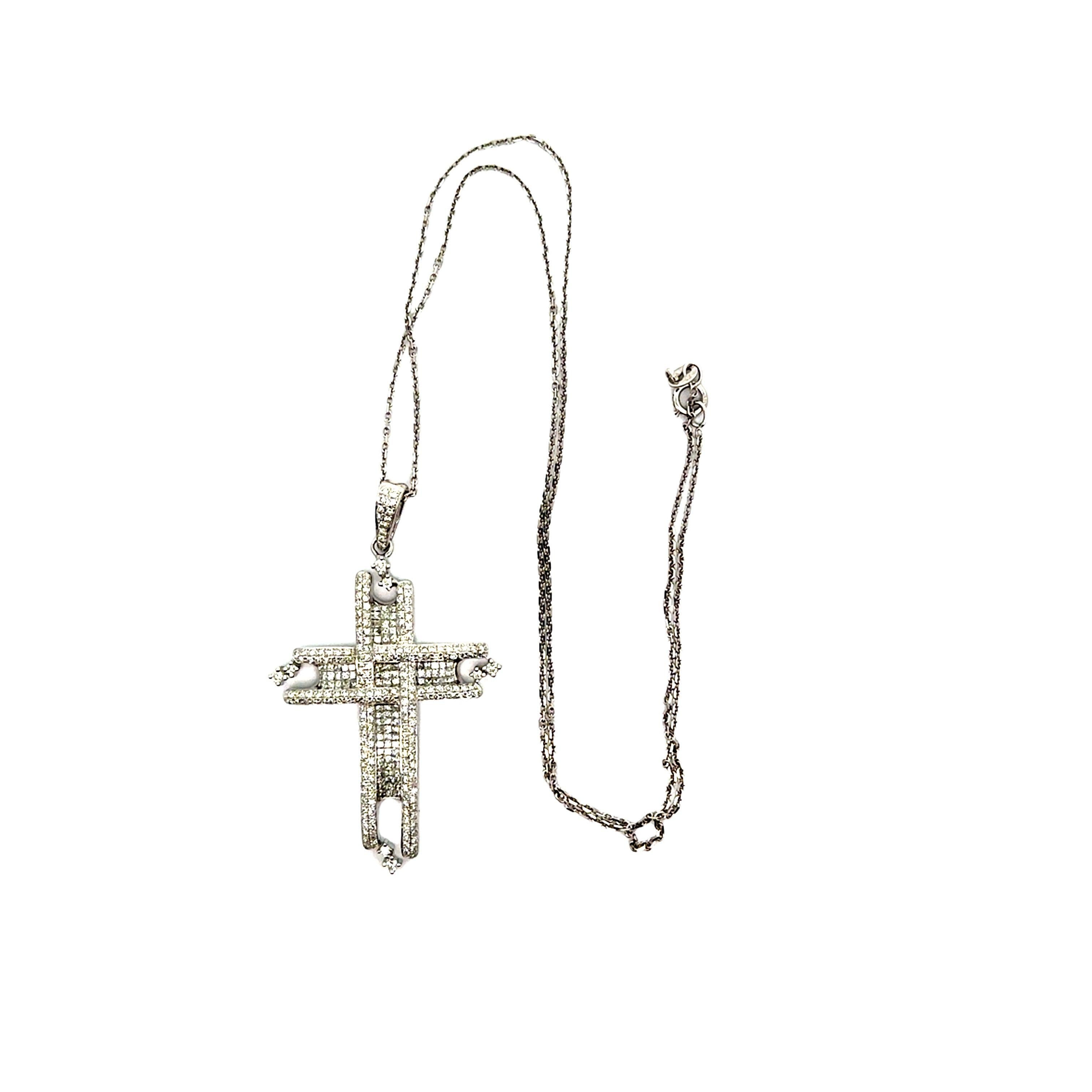 Invisible-Set Diamond 14k White Gold Cross Pendant Necklace