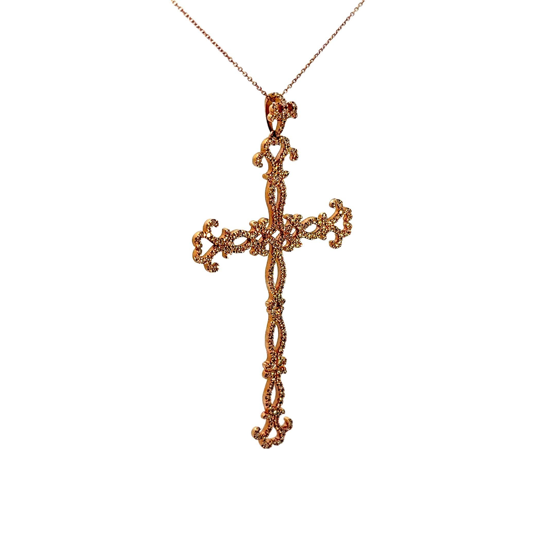 Diamond 18k Rose Gold Antique-Style Cross Pendant Necklace