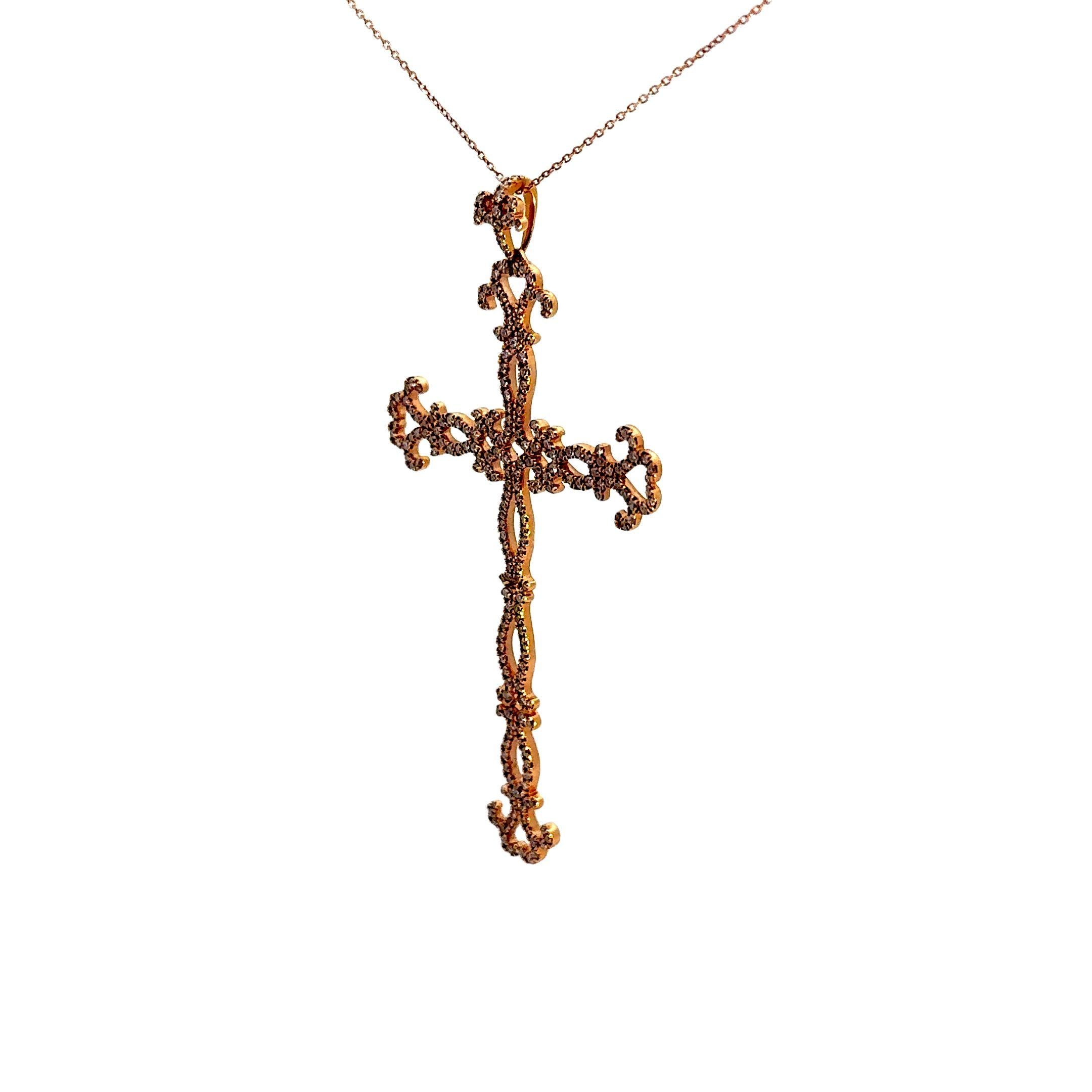 Diamond 18k Rose Gold Antique-Style Cross Pendant Necklace