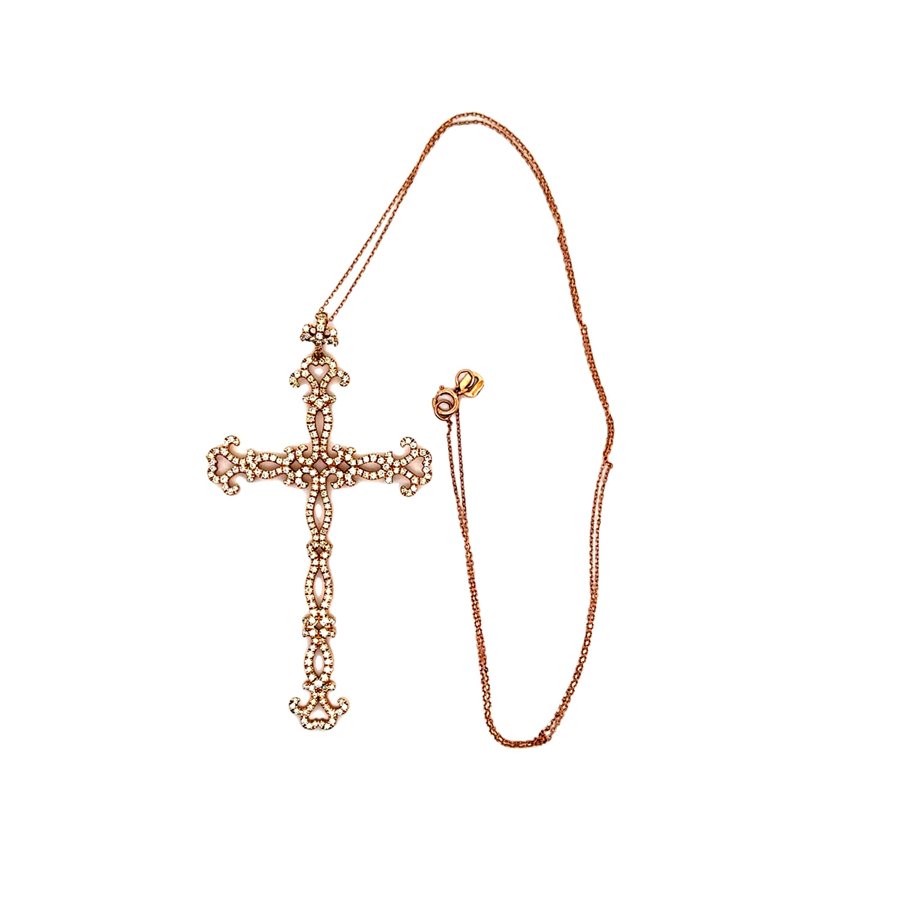 Diamond 18k Rose Gold Antique-Style Cross Pendant Necklace