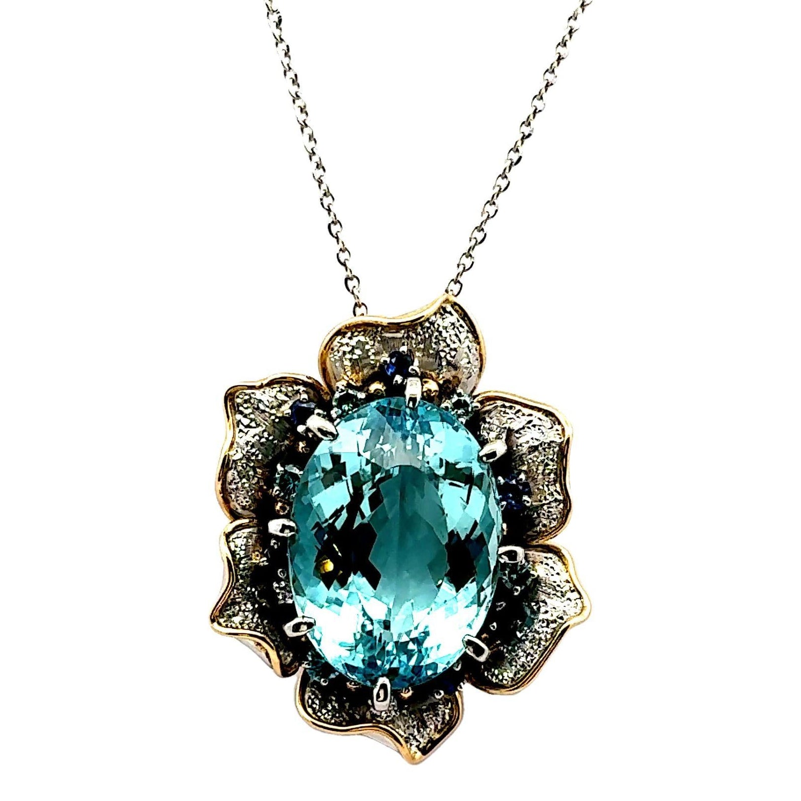 24.34 Carat Aquamarine Diamond Sapphire Platinum & 18k Yellow Gold Flower Pendan
