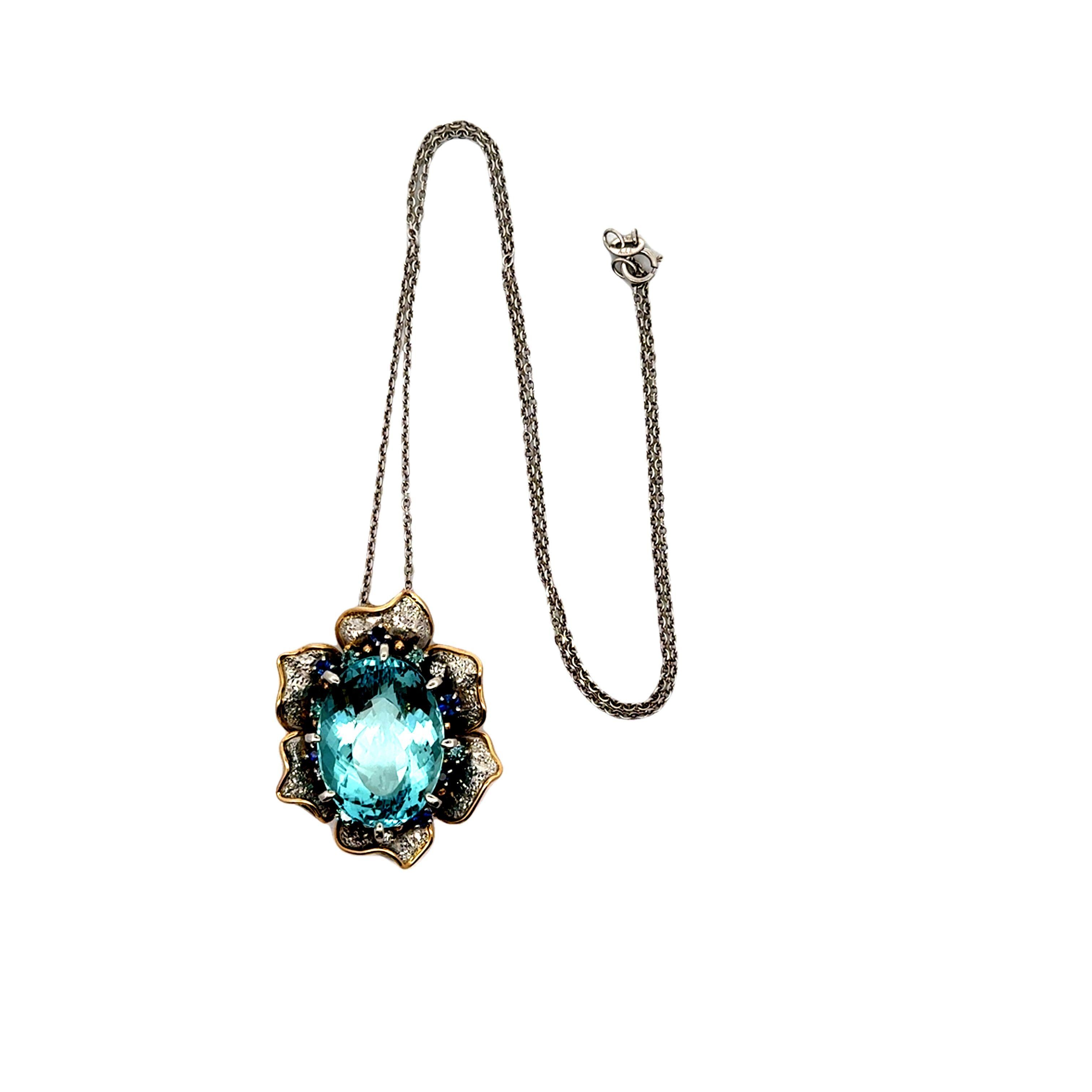 24.34 Carat Aquamarine Diamond Sapphire Platinum & 18k Yellow Gold Flower Pendan