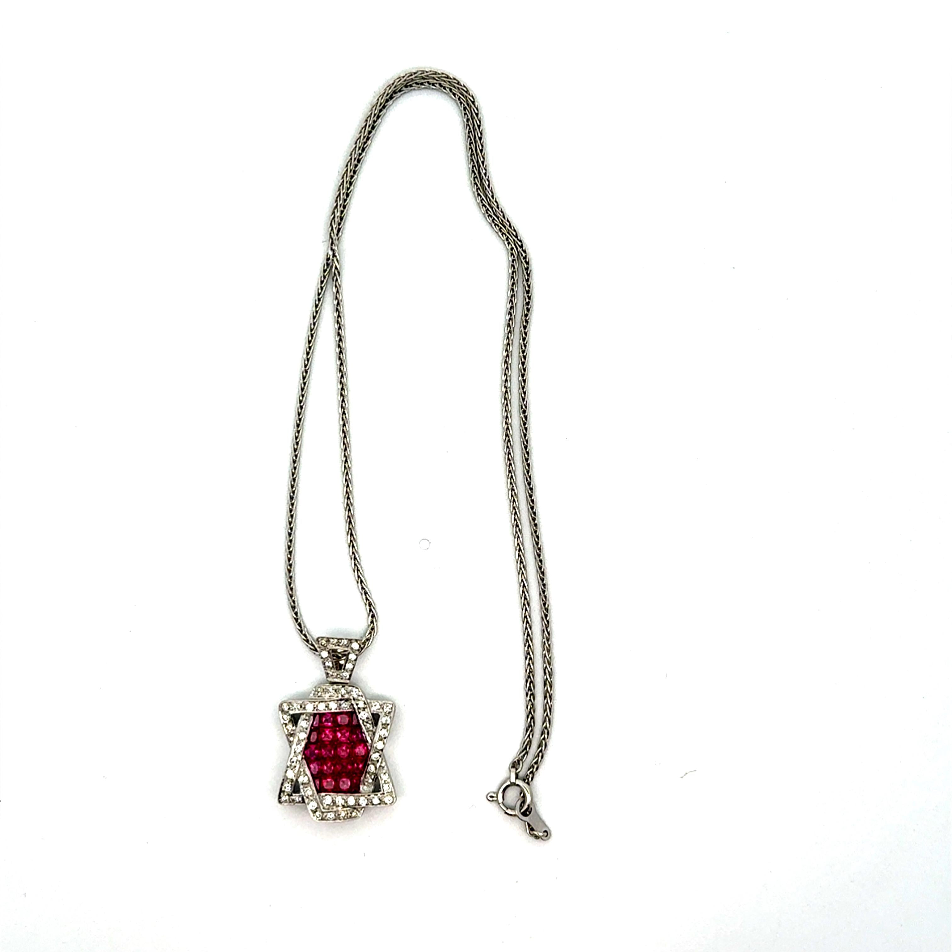 Ruby Diamond Star of David 18k White Gold Pendant