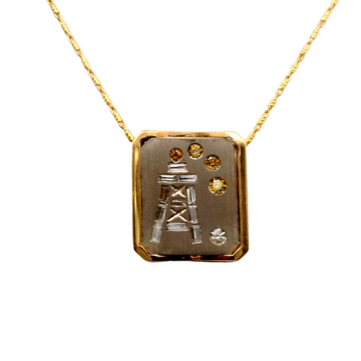 Diamond Frame 18k White & Yellow Gold Oil-Rig Pendant Chain