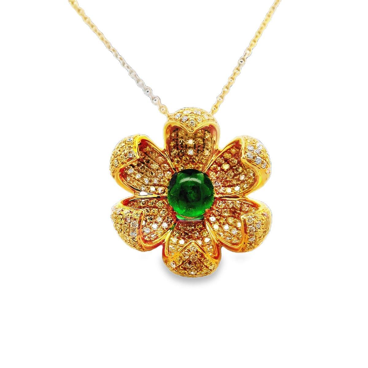 Emerald Diamond 18k Yellow Gold Flower Pendant Chain