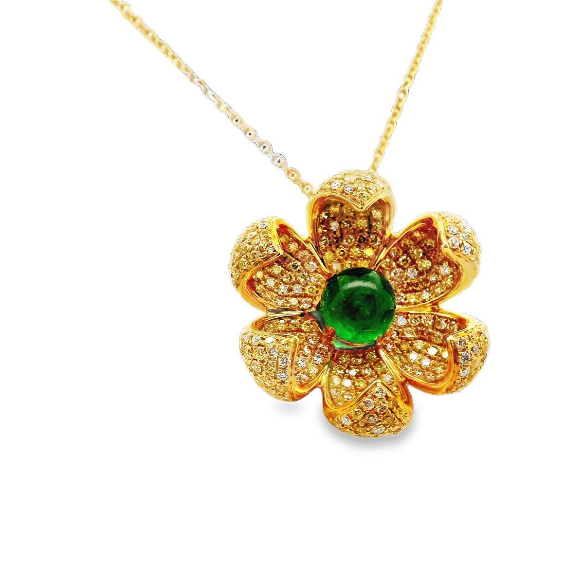 Emerald Diamond 18k Yellow Gold Flower Pendant Chain