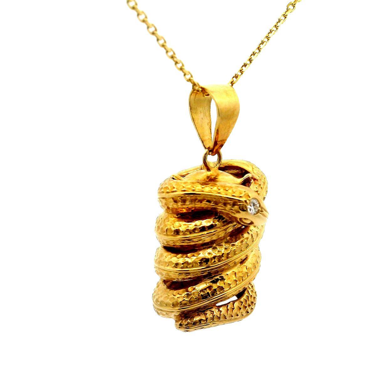 Diamond 18k Yellow Gold Coiled Snake Pendant