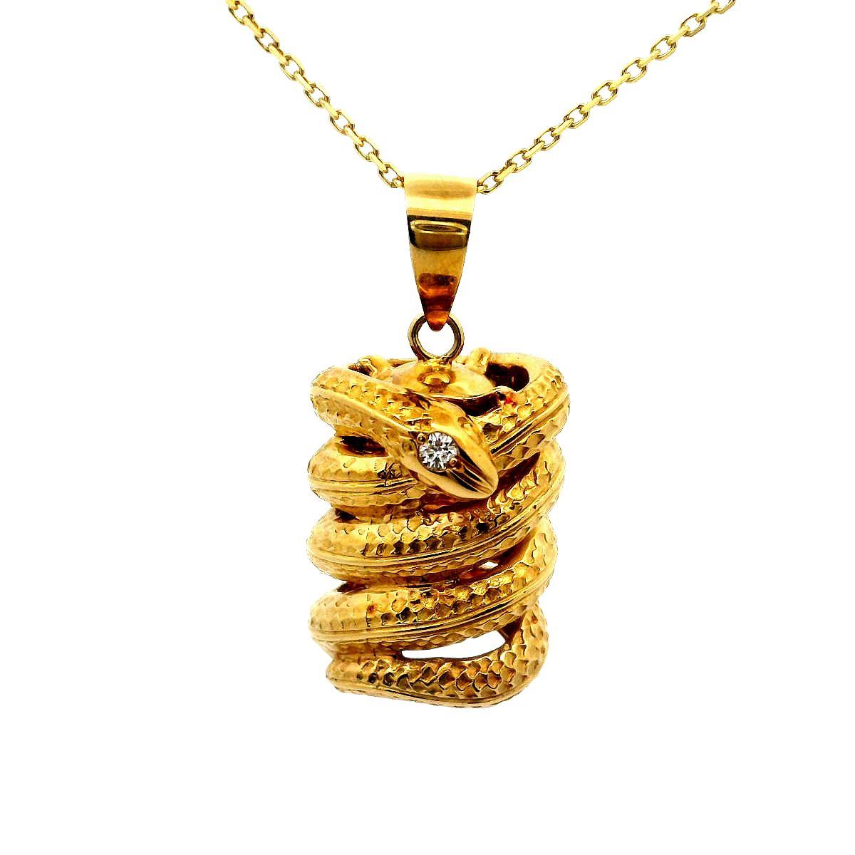 Diamond 18k Yellow Gold Coiled Snake Pendant