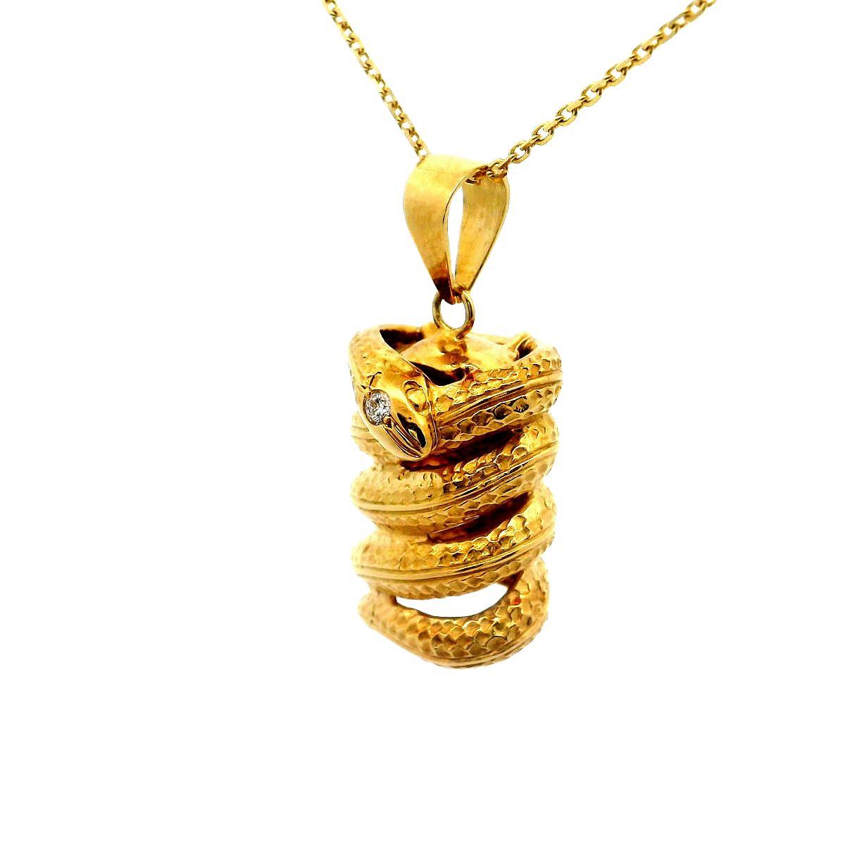 Diamond 18k Yellow Gold Coiled Snake Pendant