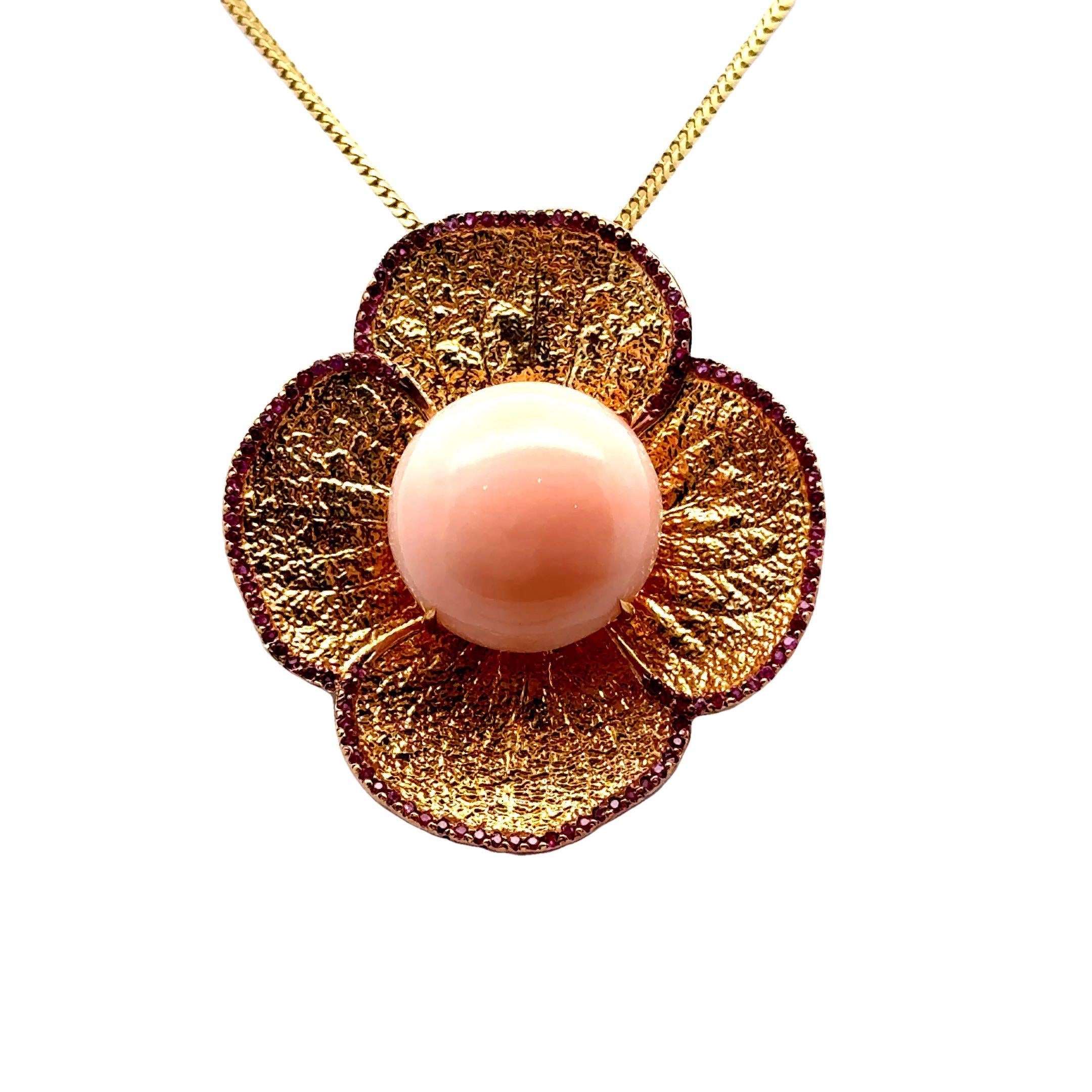 Angel Skin Coral Ruby 18k Yellow Gold Flower Pendant-Brooch