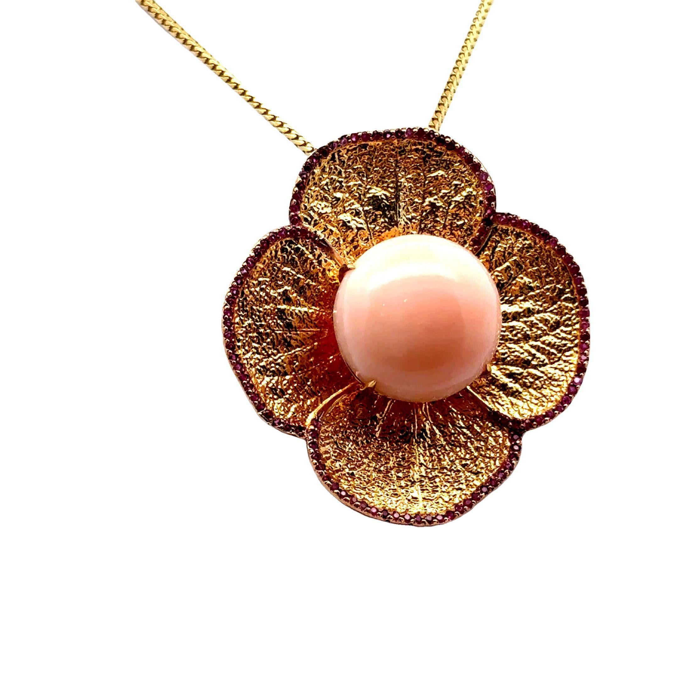 Angel Skin Coral Ruby 18k Yellow Gold Flower Pendant-Brooch