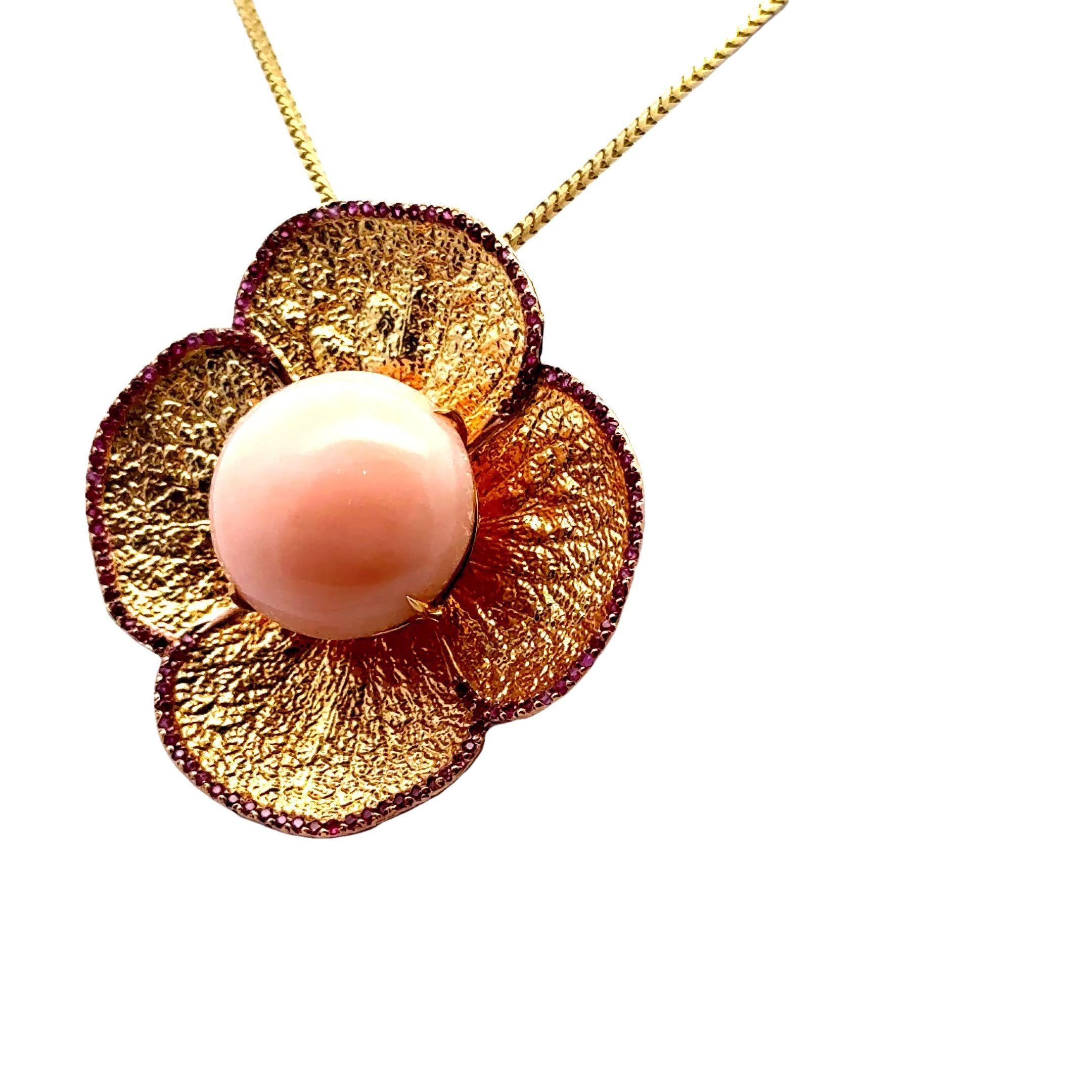 Angel Skin Coral Ruby 18k Yellow Gold Flower Pendant-Brooch