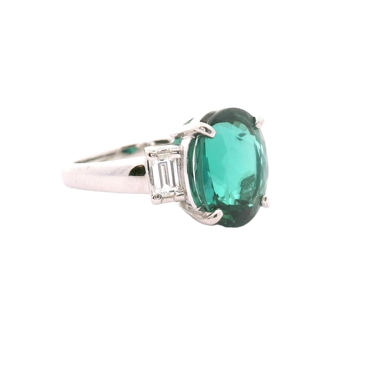 4.63 Carat Lagoon-Tourmaline Diamond Platinum Three-Stone Ring