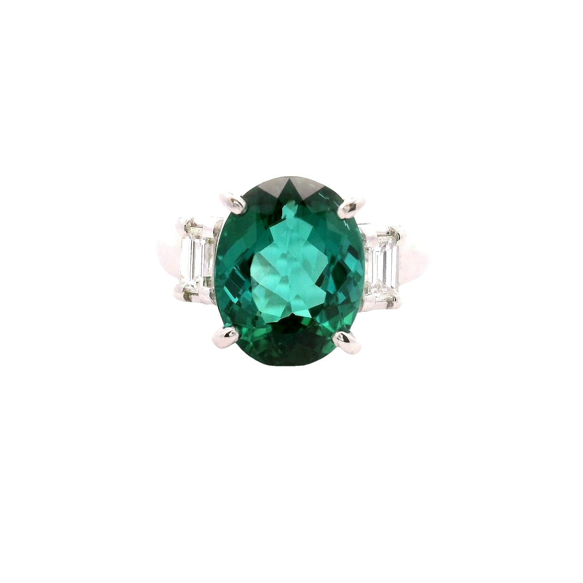 4.63 Carat Lagoon-Tourmaline Diamond Platinum Three-Stone Ring