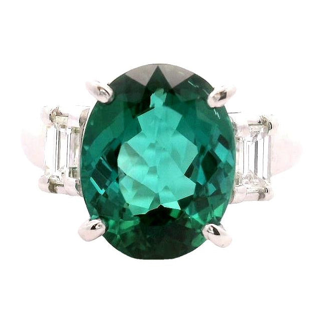 4.63 Carat Lagoon-Tourmaline Diamond Platinum Three-Stone Ring