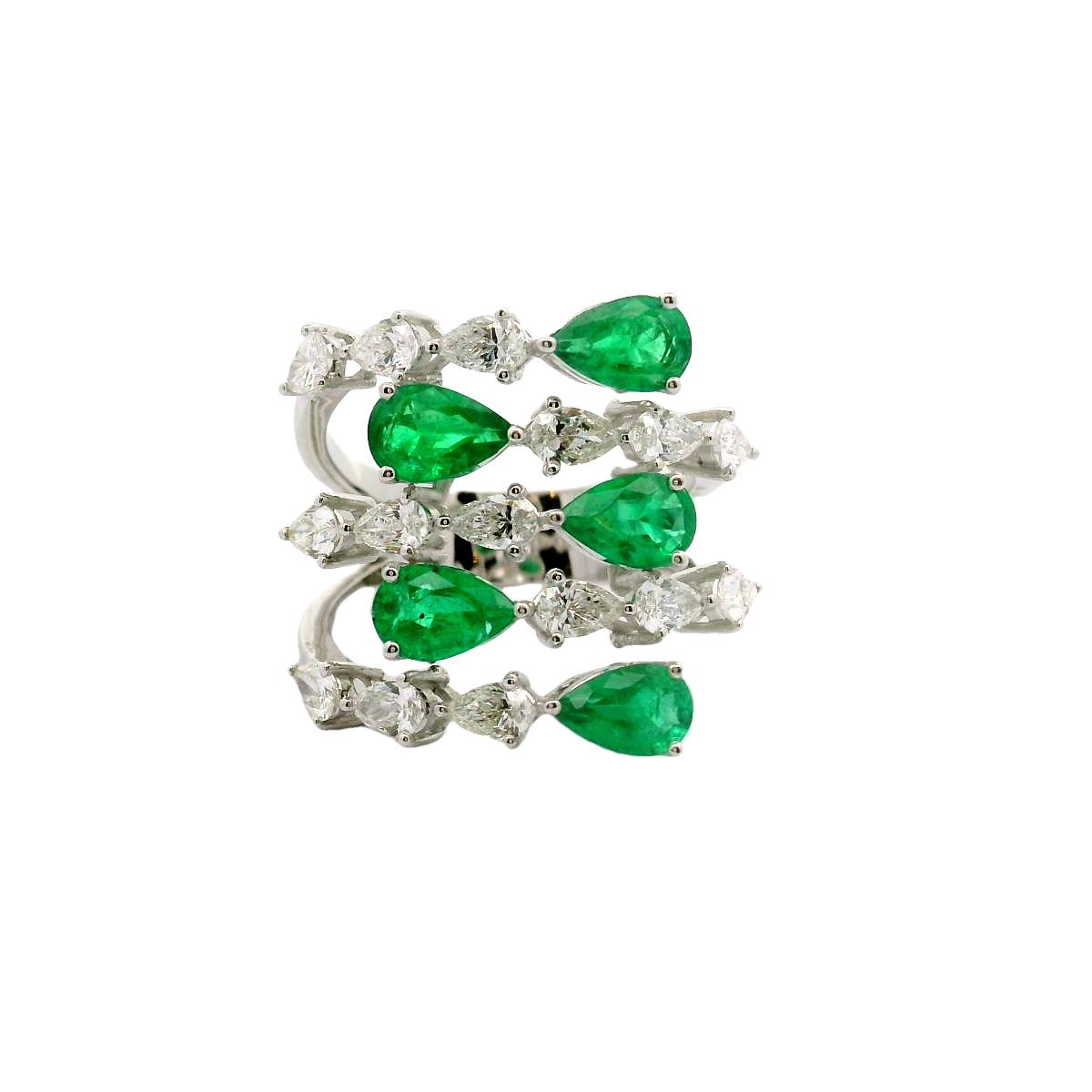 Emerald & Diamond Pear-Shape 18k White Gold Bypass Ring