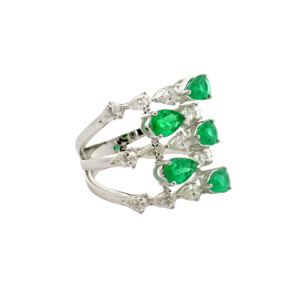 Emerald & Diamond Pear-Shape 18k White Gold Bypass Ring