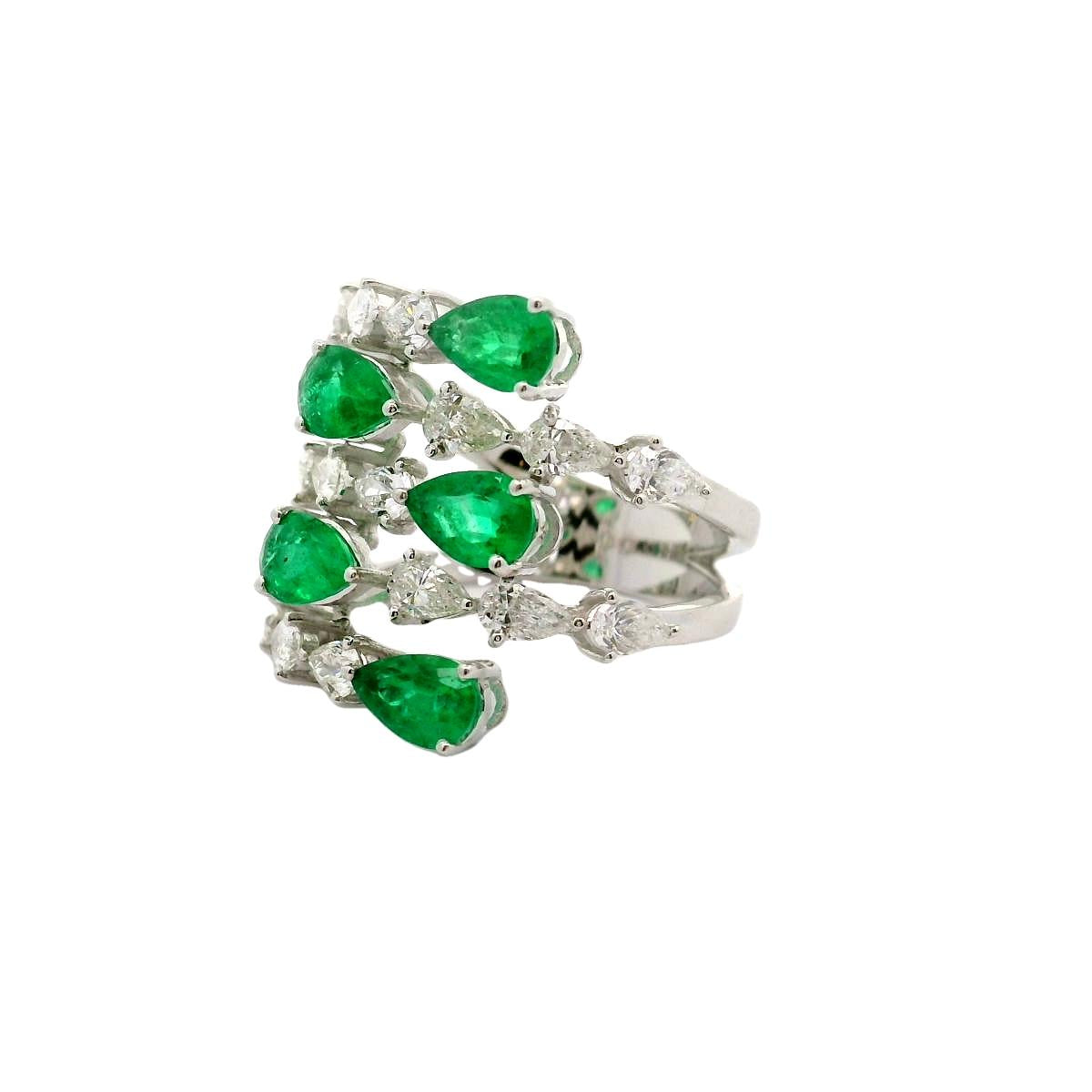 Emerald & Diamond Pear-Shape 18k White Gold Bypass Ring