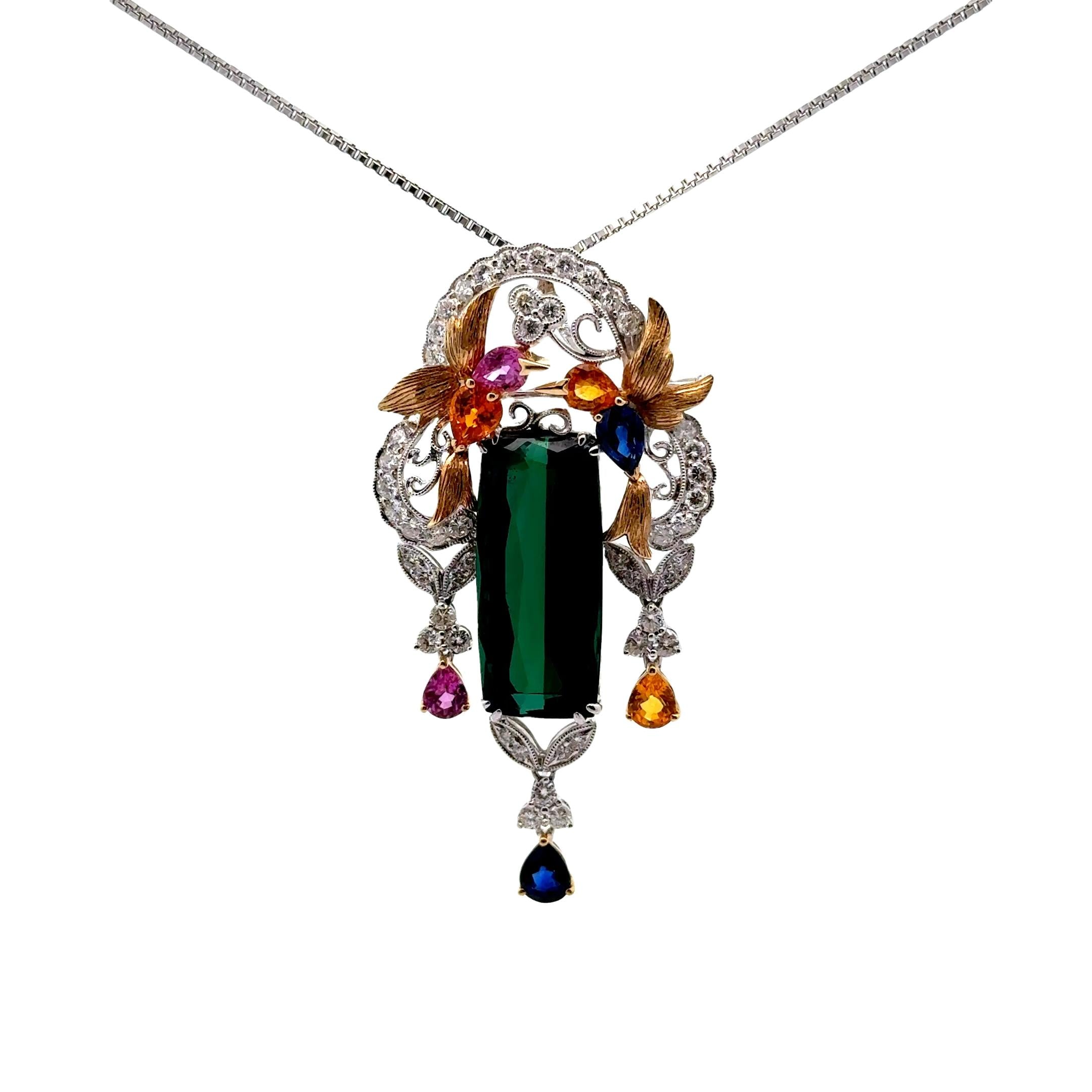 17.63 Carat Tourmaline Sapphire Diamond Platinum & 18k Yellow Gold Pendant Brooc