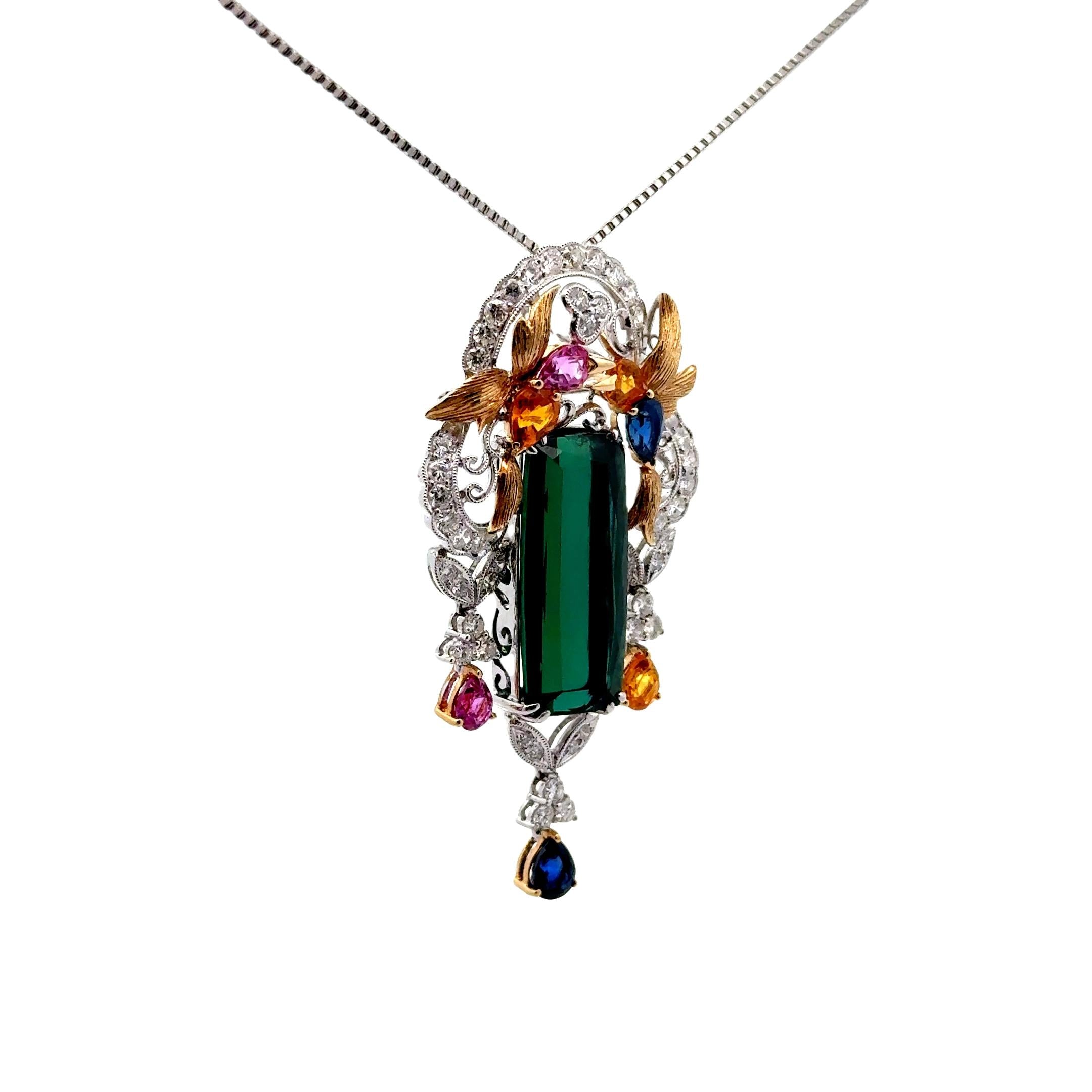 17.63 Carat Tourmaline Sapphire Diamond Platinum & 18k Yellow Gold Pendant Brooc