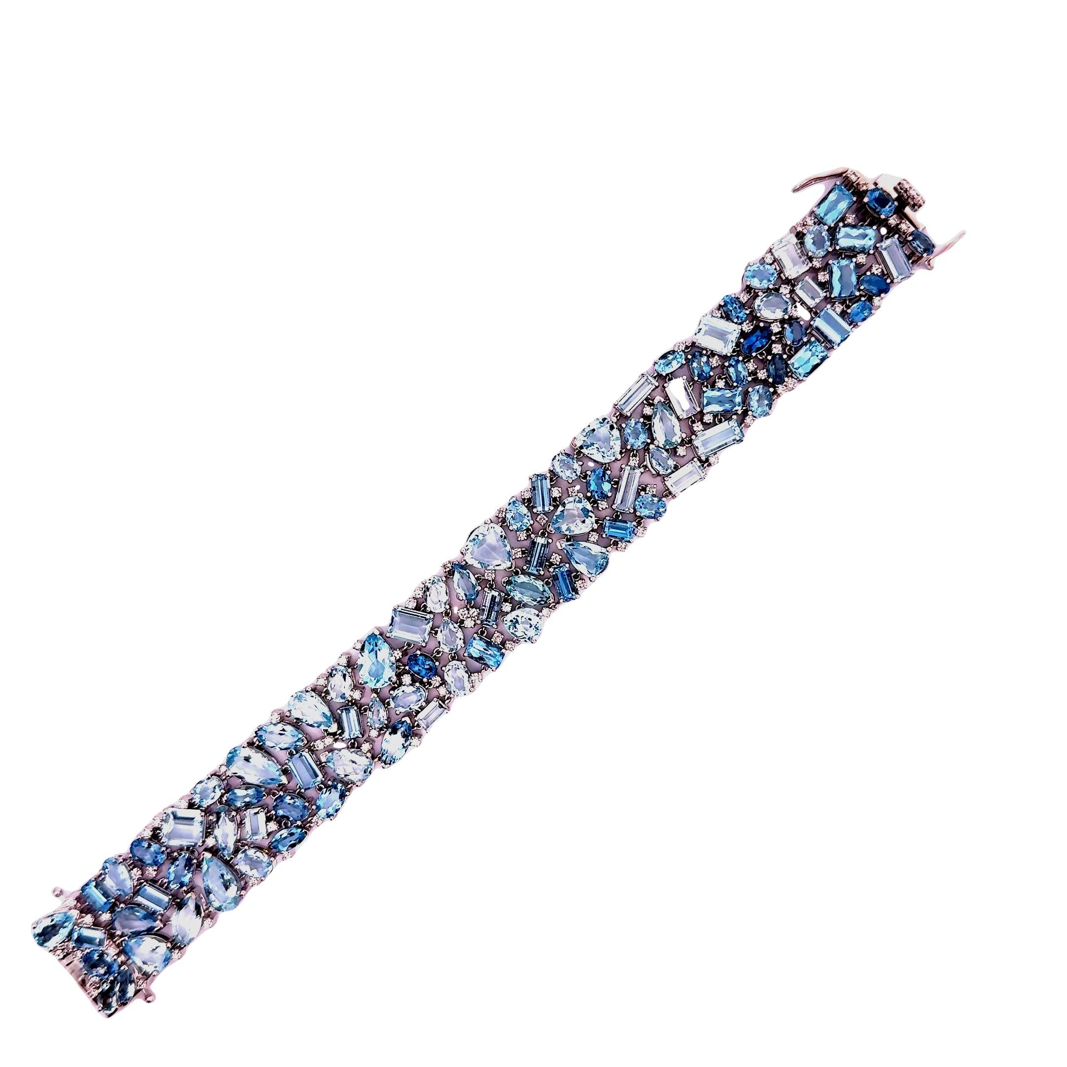 44.70 Carats Aquamarine Diamond 14k White Gold Cluster Bracelet