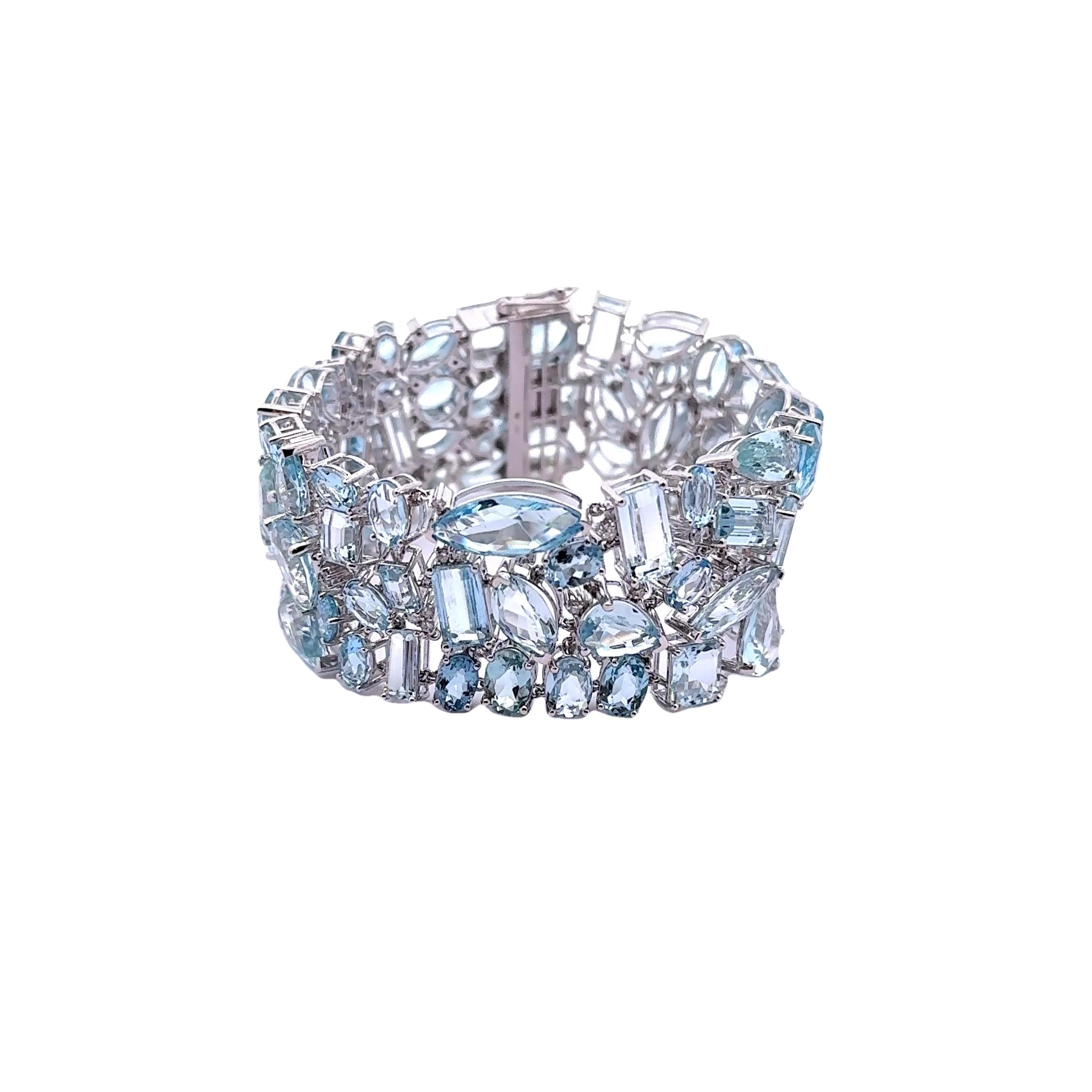 Aquamarine Diamond 14k White Gold Wide Cluster Bracelet