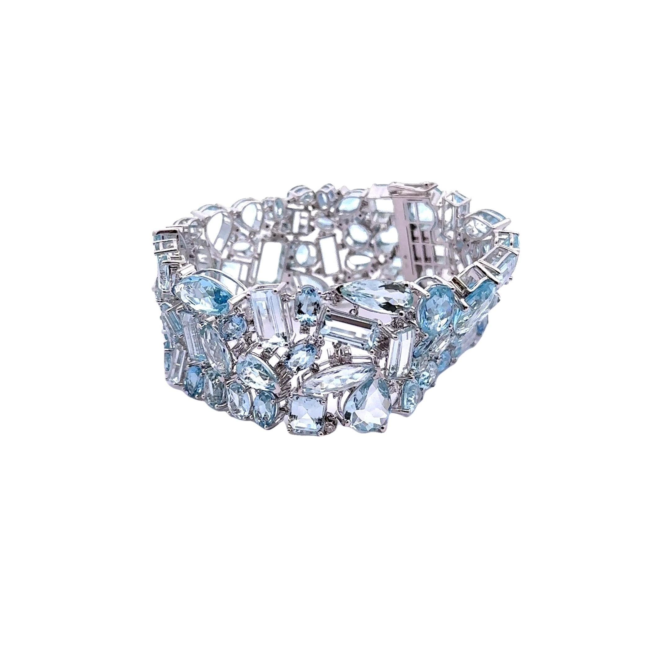 Aquamarine Diamond 14k White Gold Wide Cluster Bracelet