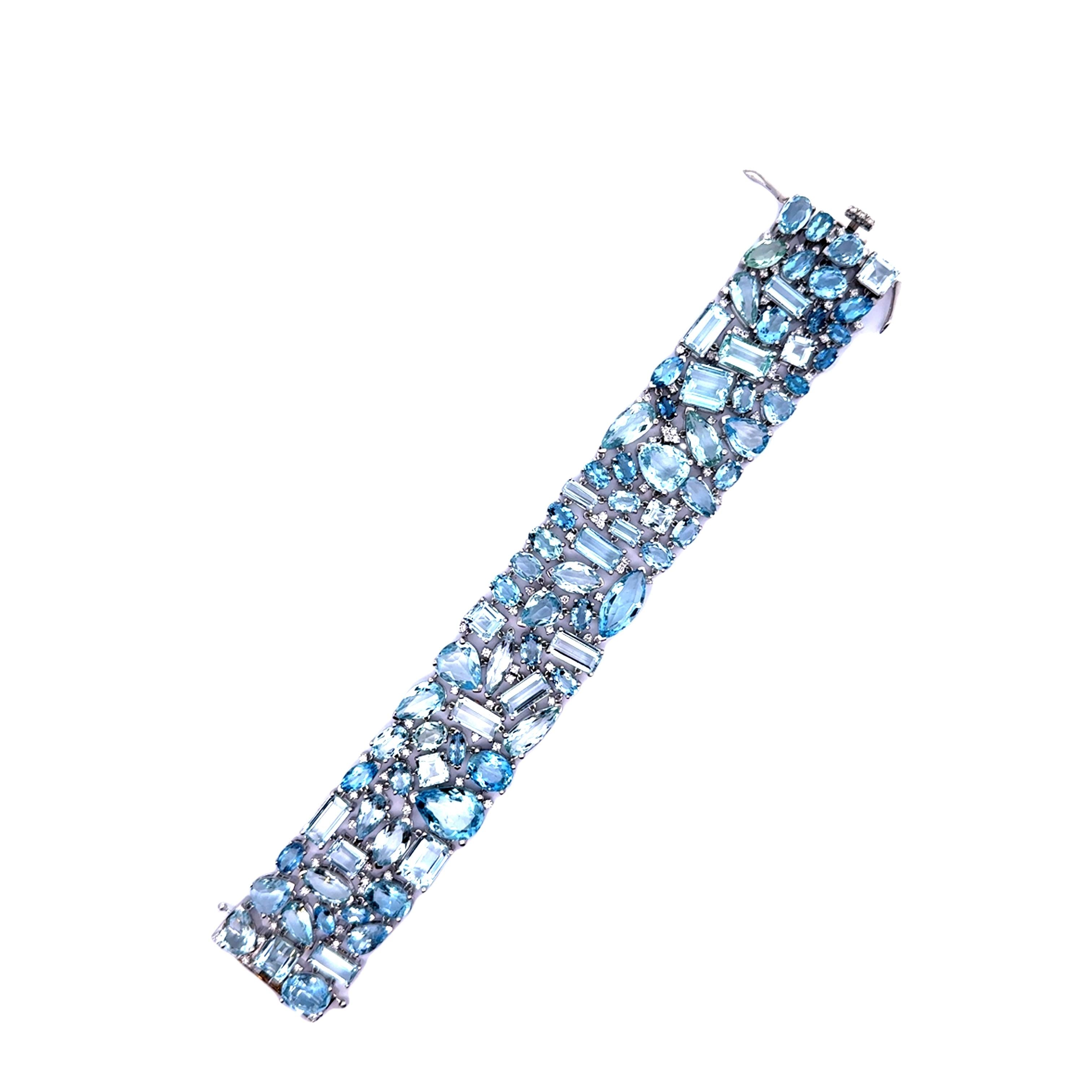 Aquamarine Diamond 14k White Gold Wide Cluster Bracelet