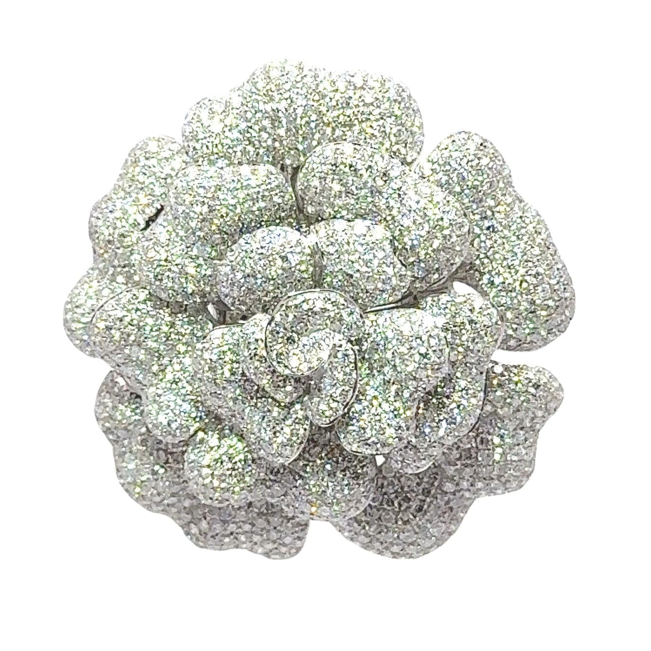 7.80 Carats Diamond Pave 18k White Gold Flower Brooch-Pendant