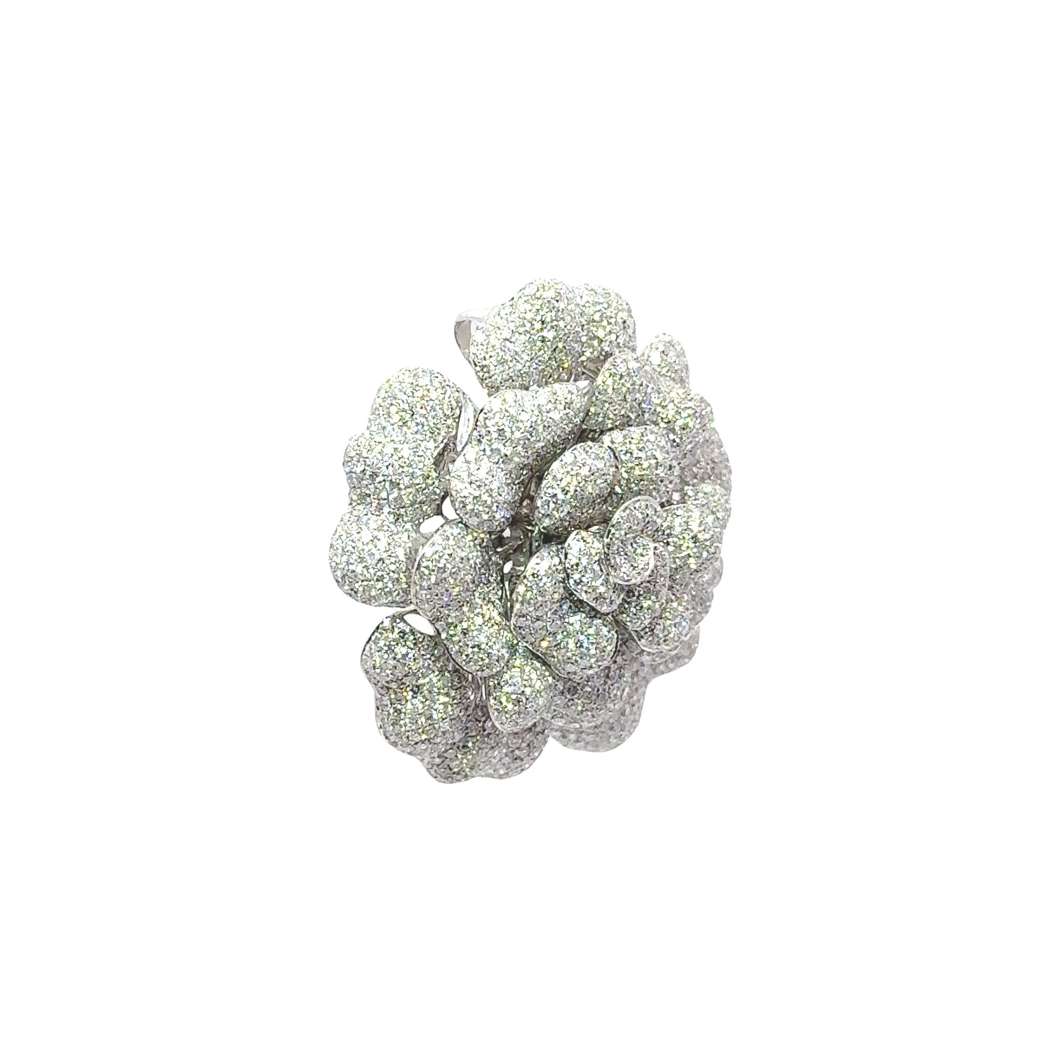 7.80 Carats Diamond Pave 18k White Gold Flower Brooch-Pendant