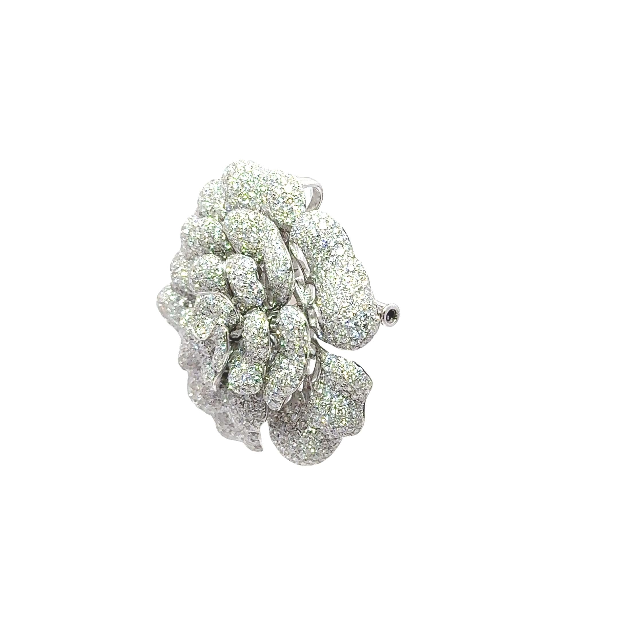 7.80 Carats Diamond Pave 18k White Gold Flower Brooch-Pendant