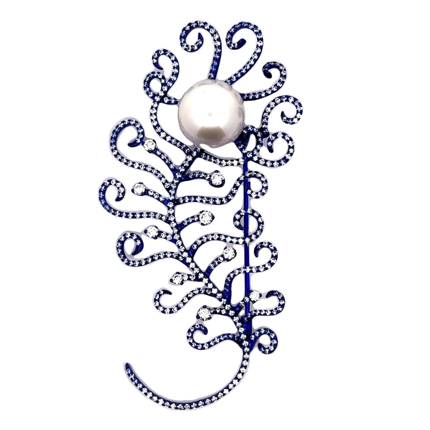14mm Sea White Pearl Diamond 18k Gold & Blue-Rhodium Brooch