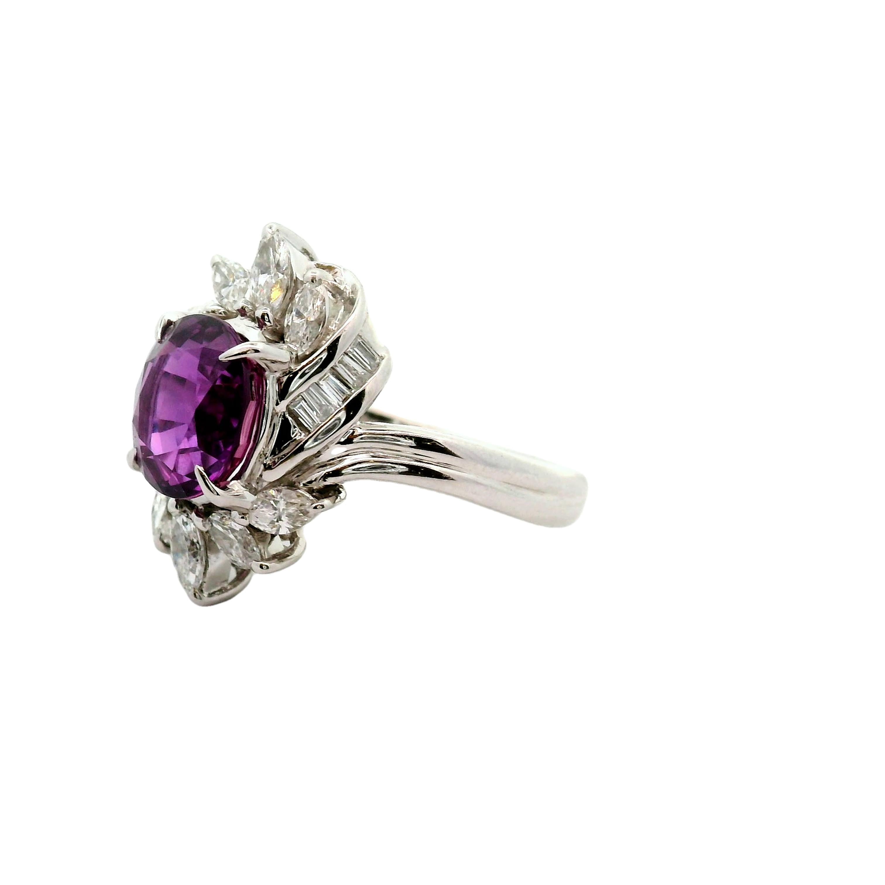 2.78 Carat Pinkish-Purple Sapphire Diamond Platinum Ring, GIA Certified