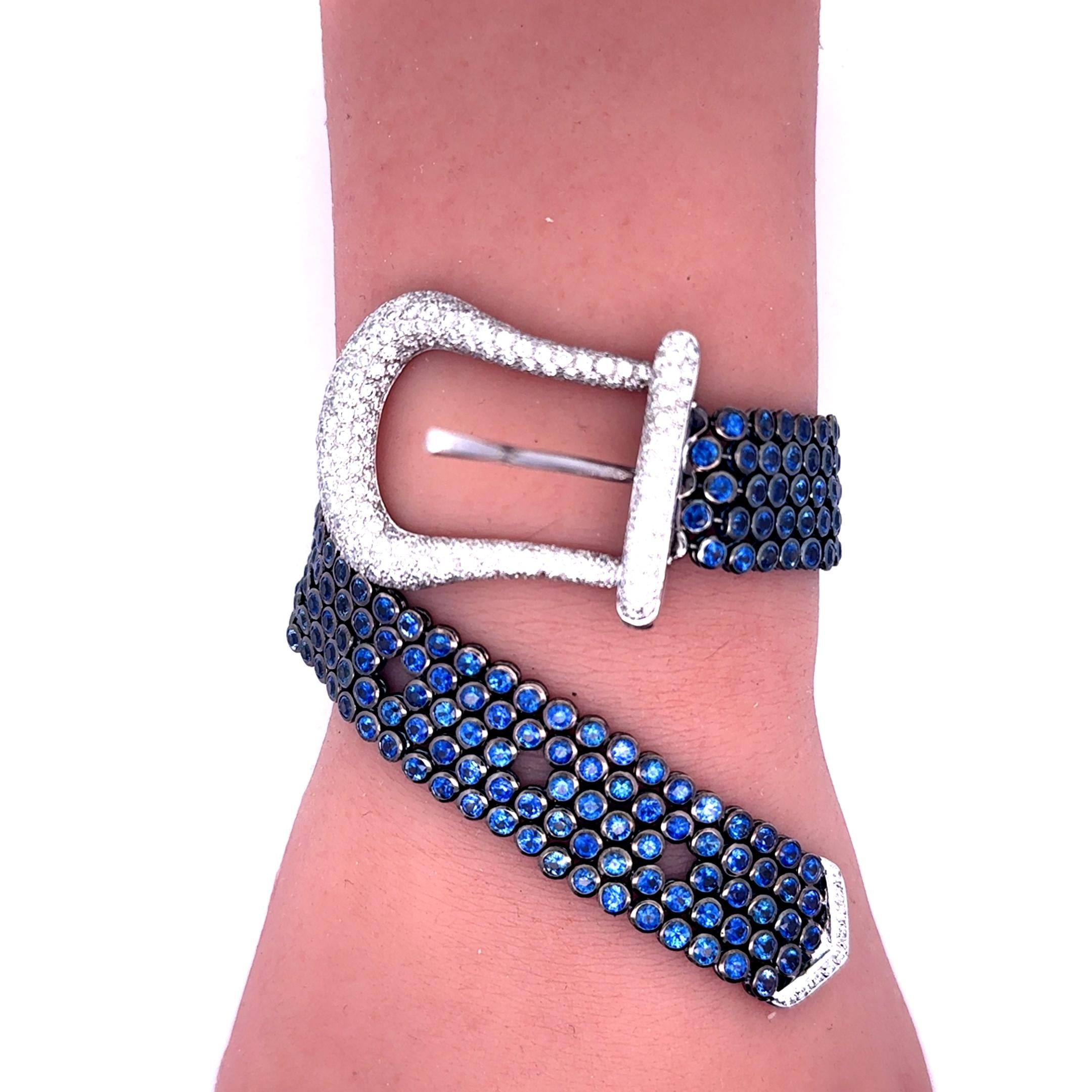 Blue Sapphire & Diamond 18k White Gold Belt-Buckle Bracelet