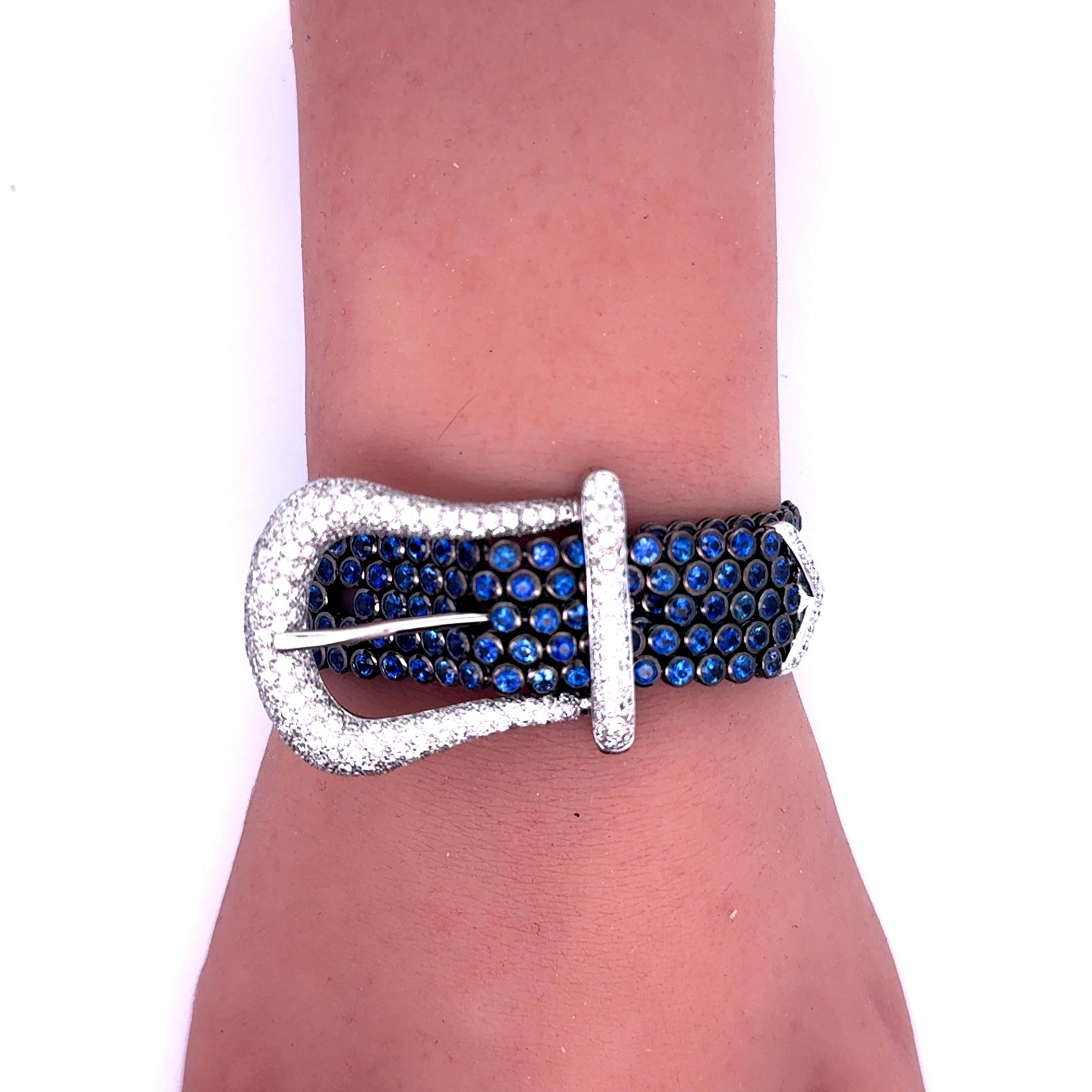 Blue Sapphire & Diamond 18k White Gold Belt-Buckle Bracelet