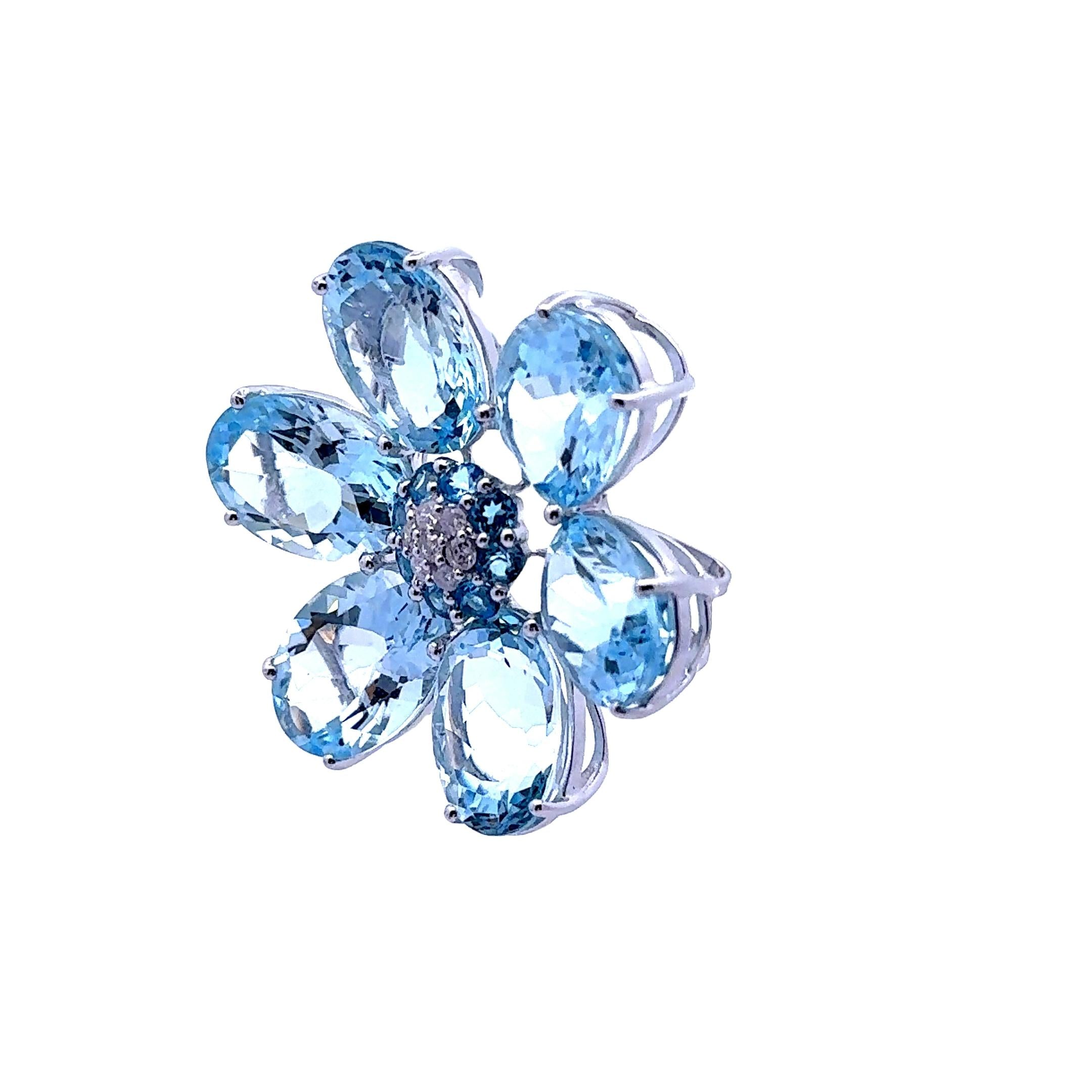 44.65 Carats Aquamarine Diamond 18k White Gold Flower Brooch-Pendant