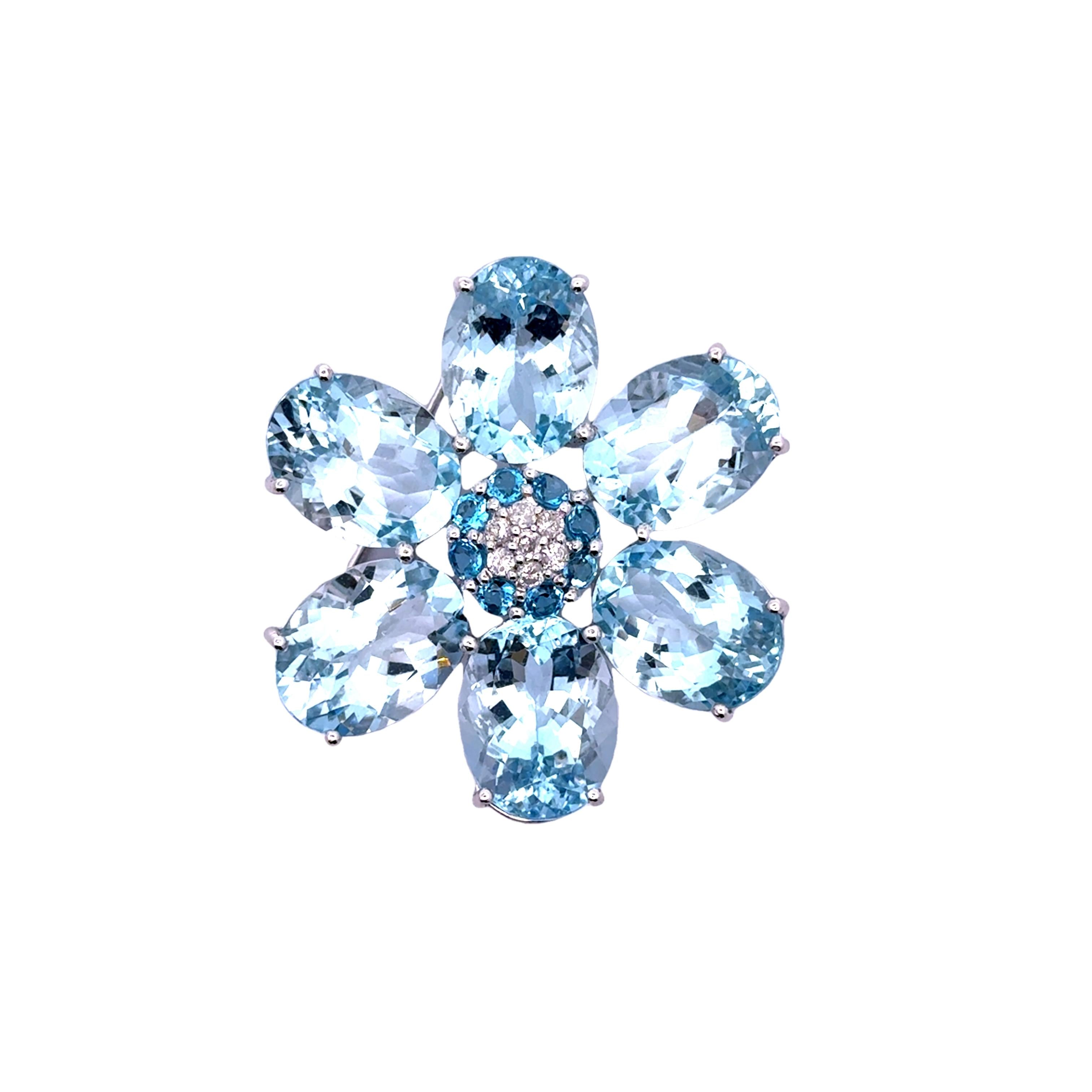 44.65 Carats Aquamarine Diamond 18k White Gold Flower Brooch-Pendant