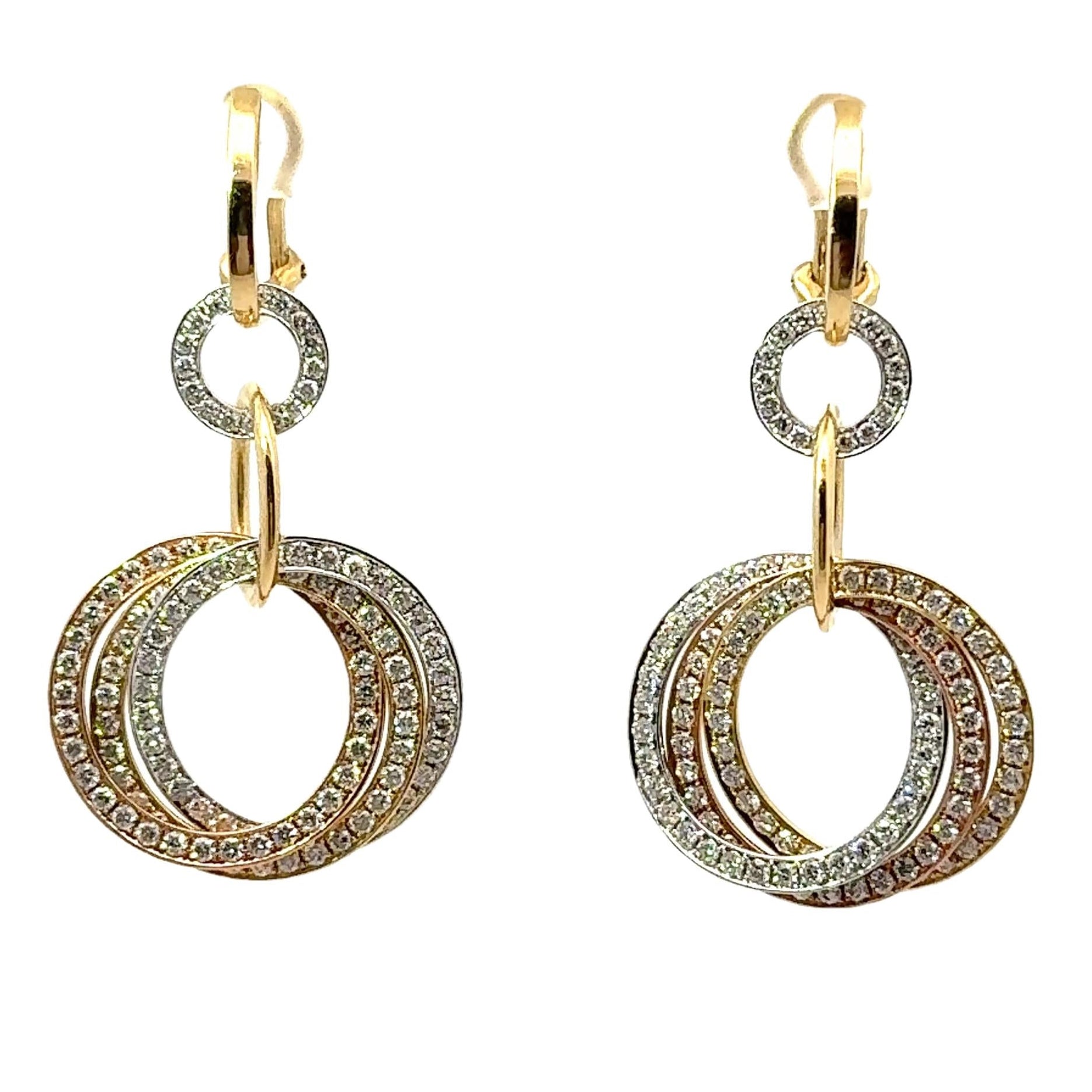 Diamond Interlocking Hoop Drop 18K Tri-Color Gold Earrings
