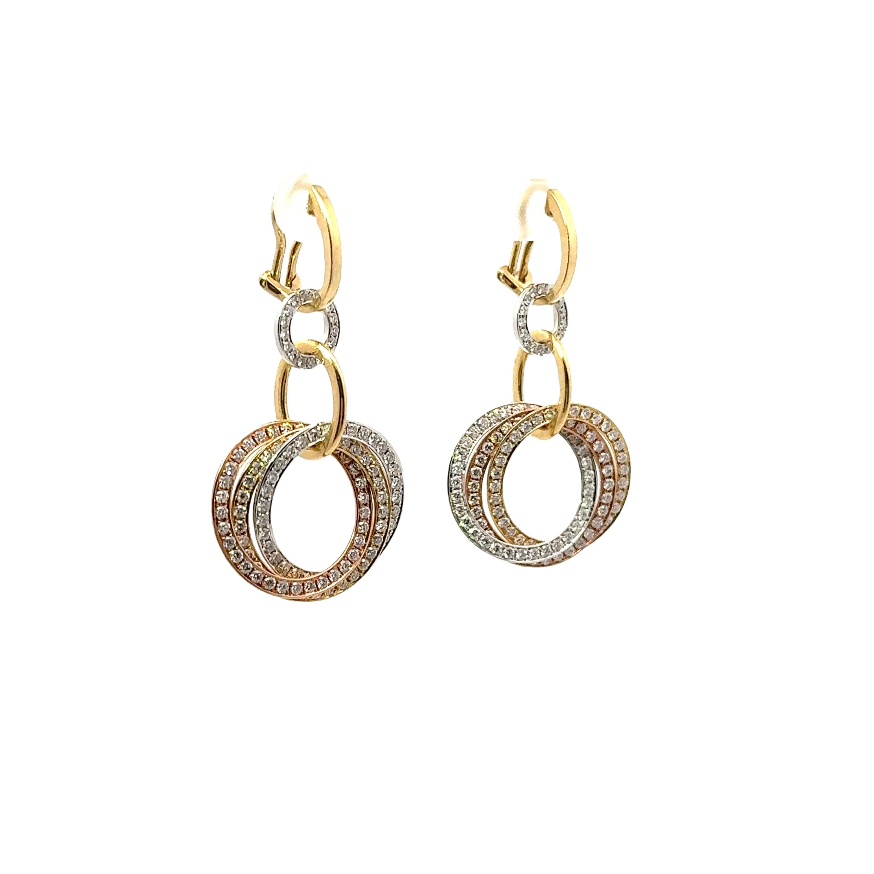 Diamond Interlocking Hoop Drop 18K Tri-Color Gold Earrings