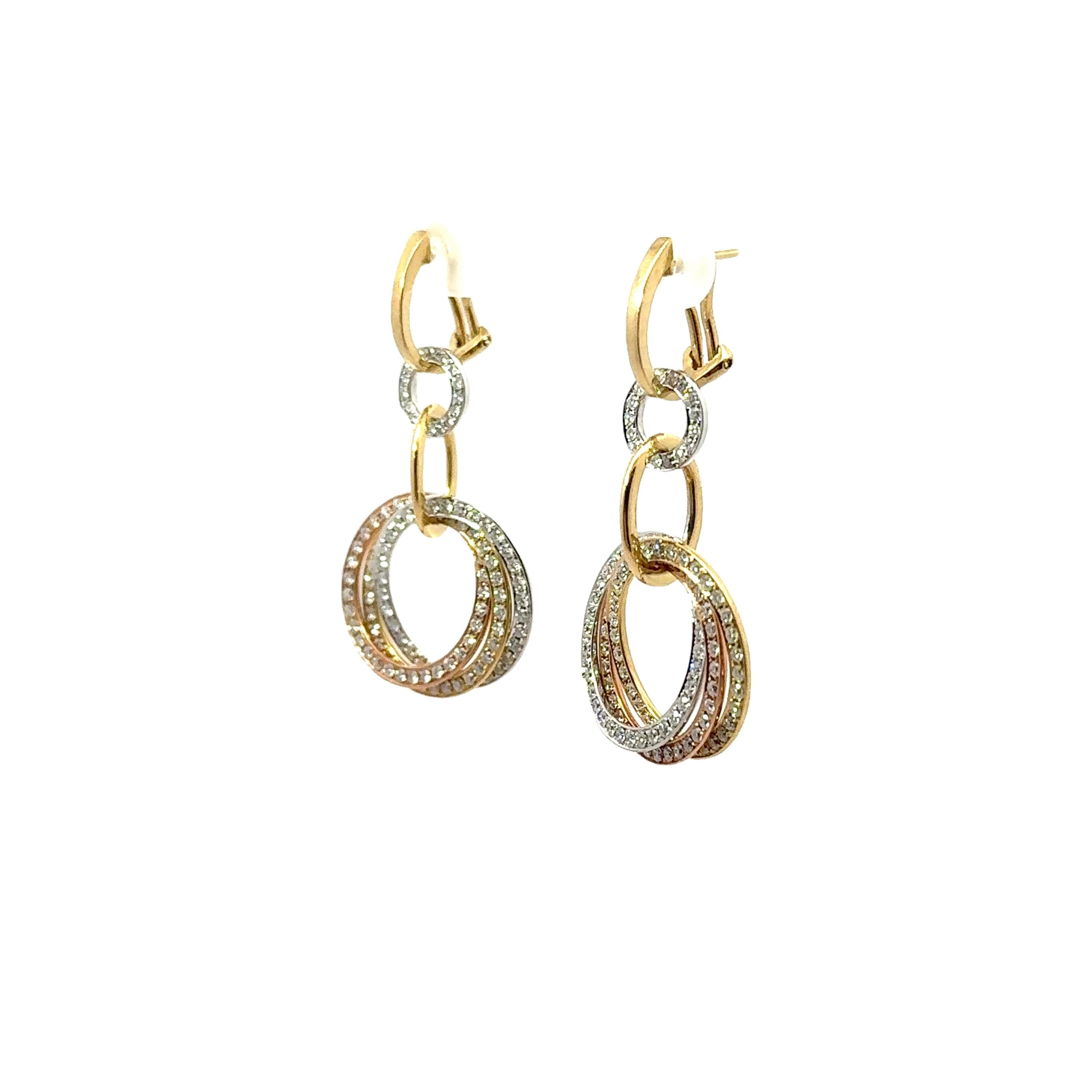 Diamond Interlocking Hoop Drop 18K Tri-Color Gold Earrings