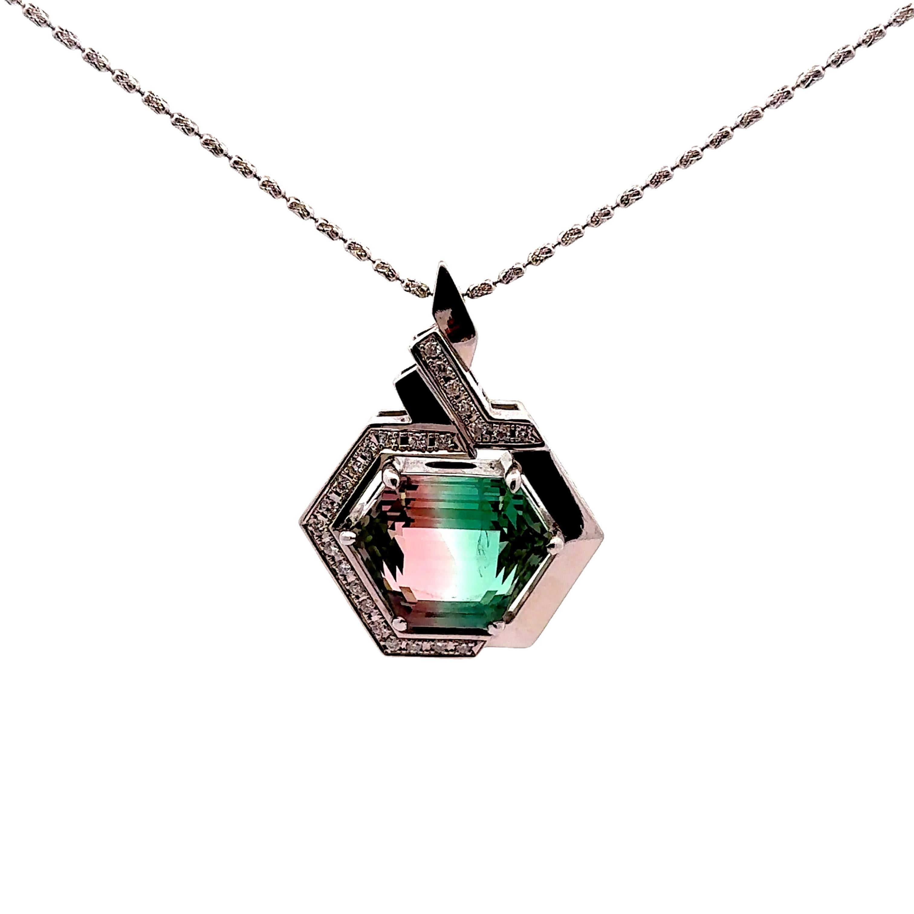 23.32 Carat Bi-color Tourmaline Diamond Platinum Hexagon Pendant