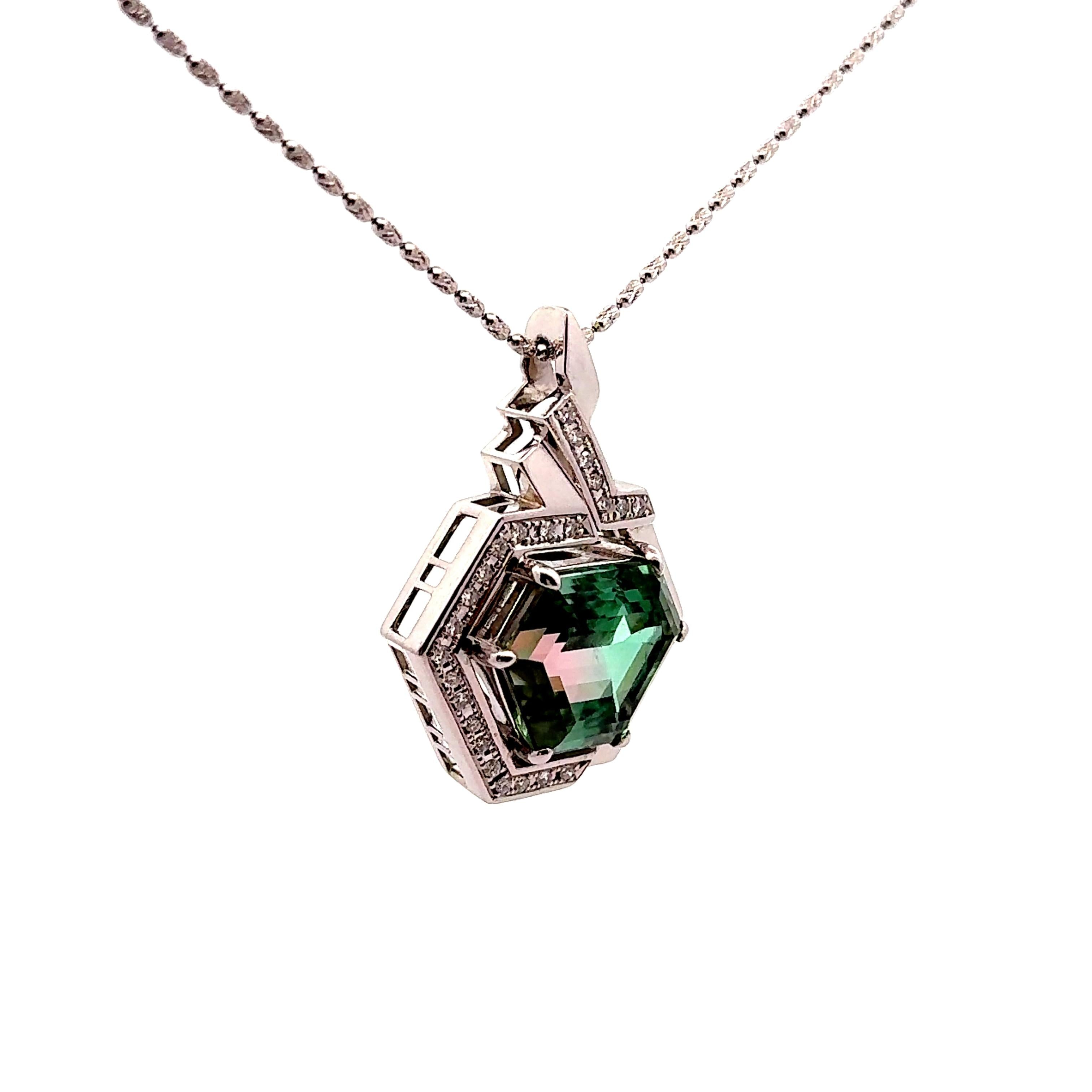 23.32 Carat Bi-color Tourmaline Diamond Platinum Hexagon Pendant