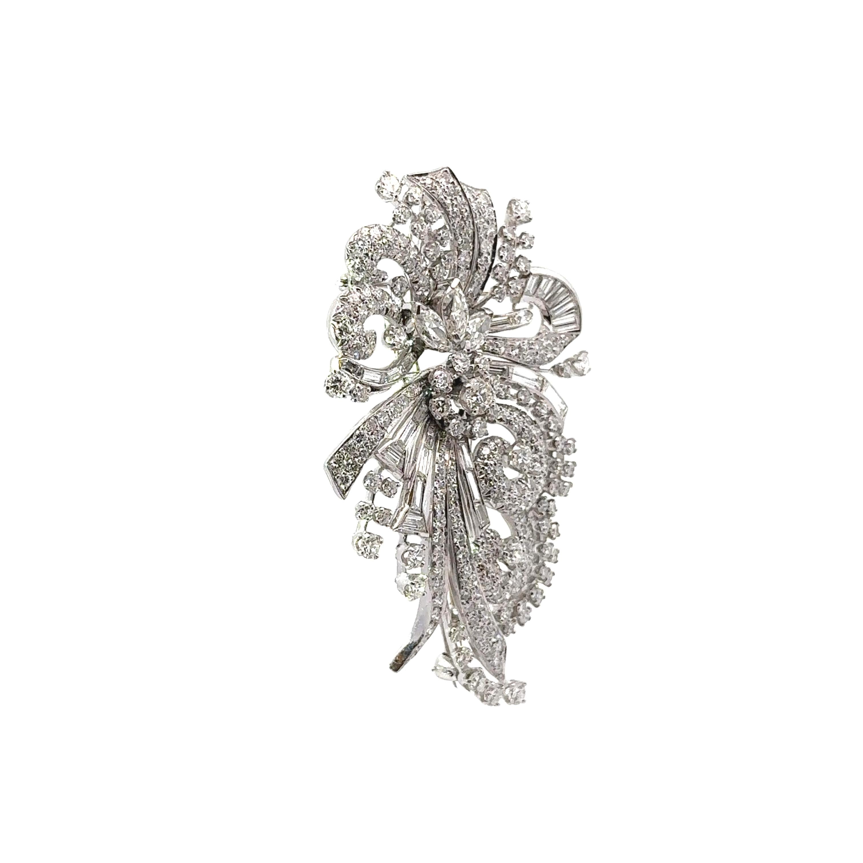 Mid-Century Diamond 18k White Gold Floral Spray Double-Clip Brooch