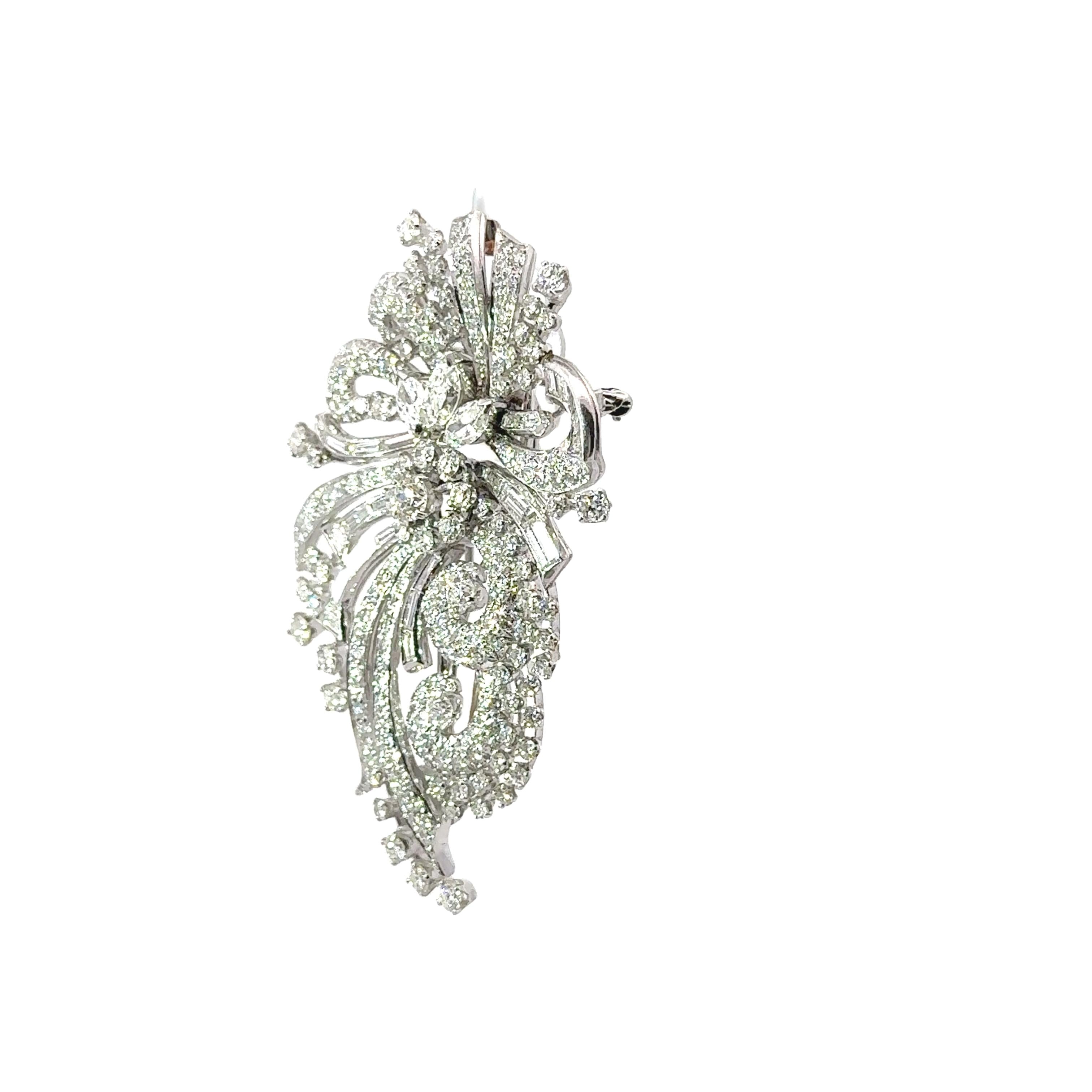 Mid-Century Diamond 18k White Gold Floral Spray Double-Clip Brooch