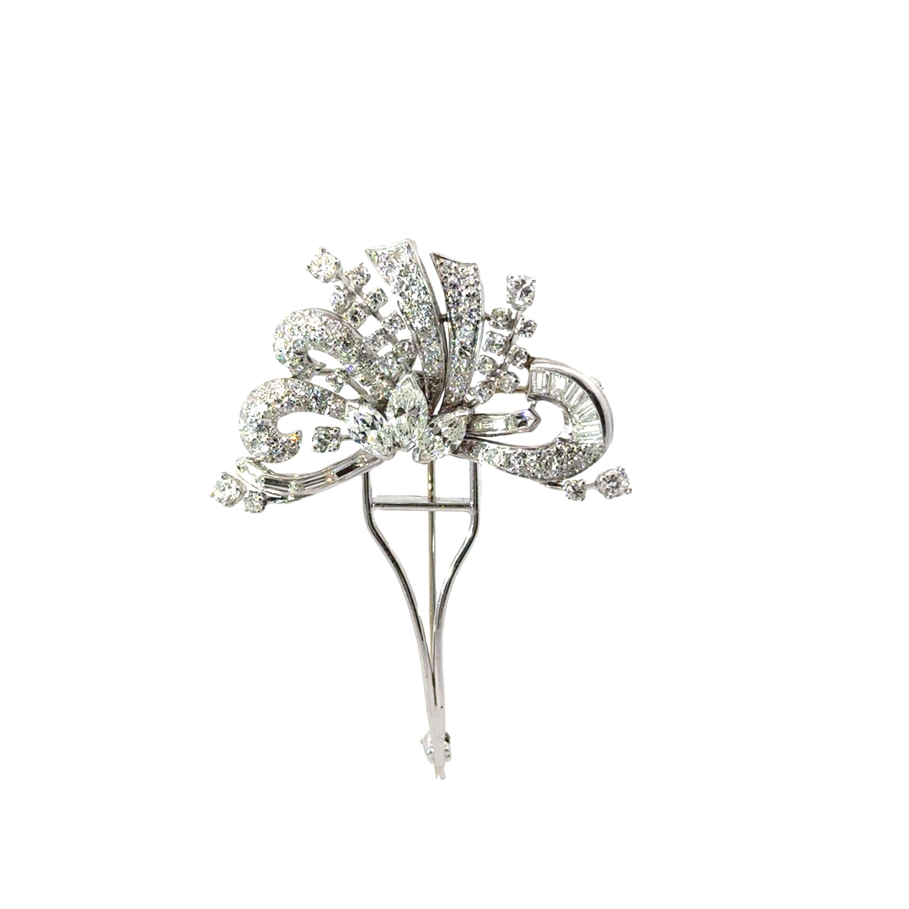 Mid-Century Diamond 18k White Gold Floral Spray Double-Clip Brooch