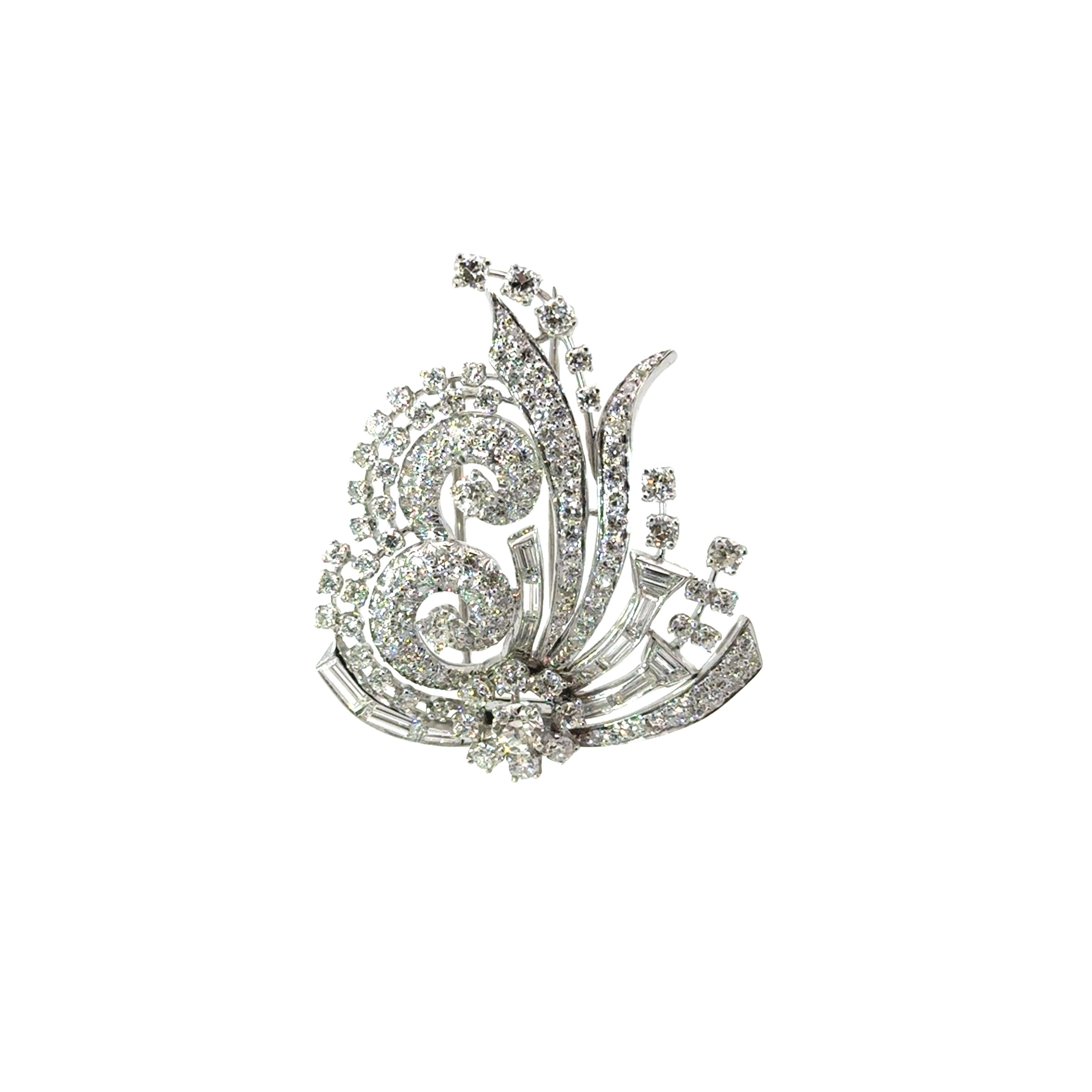 Mid-Century Diamond 18k White Gold Floral Spray Double-Clip Brooch